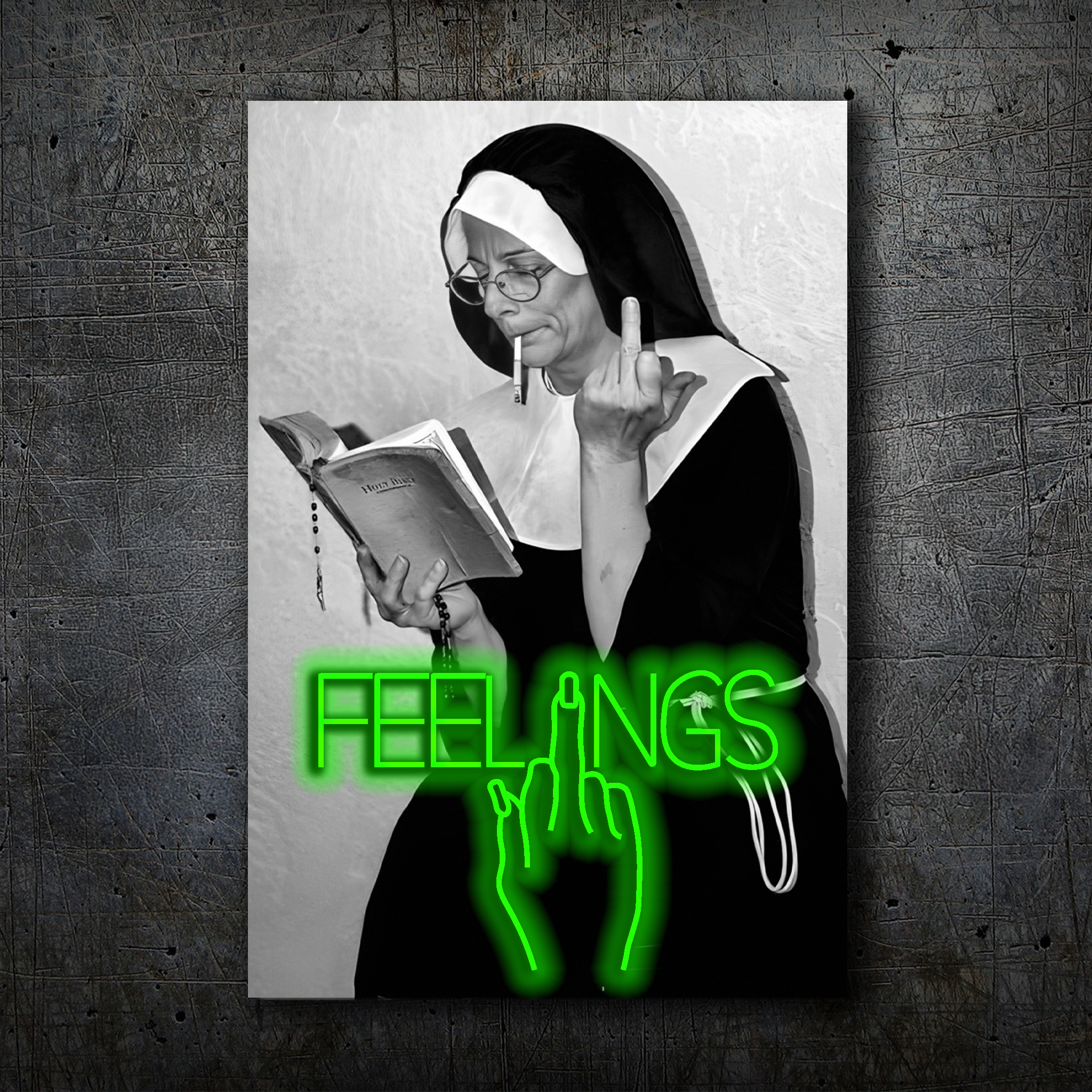 FEELINGS Neon Wall Art – Retro Black & White Design