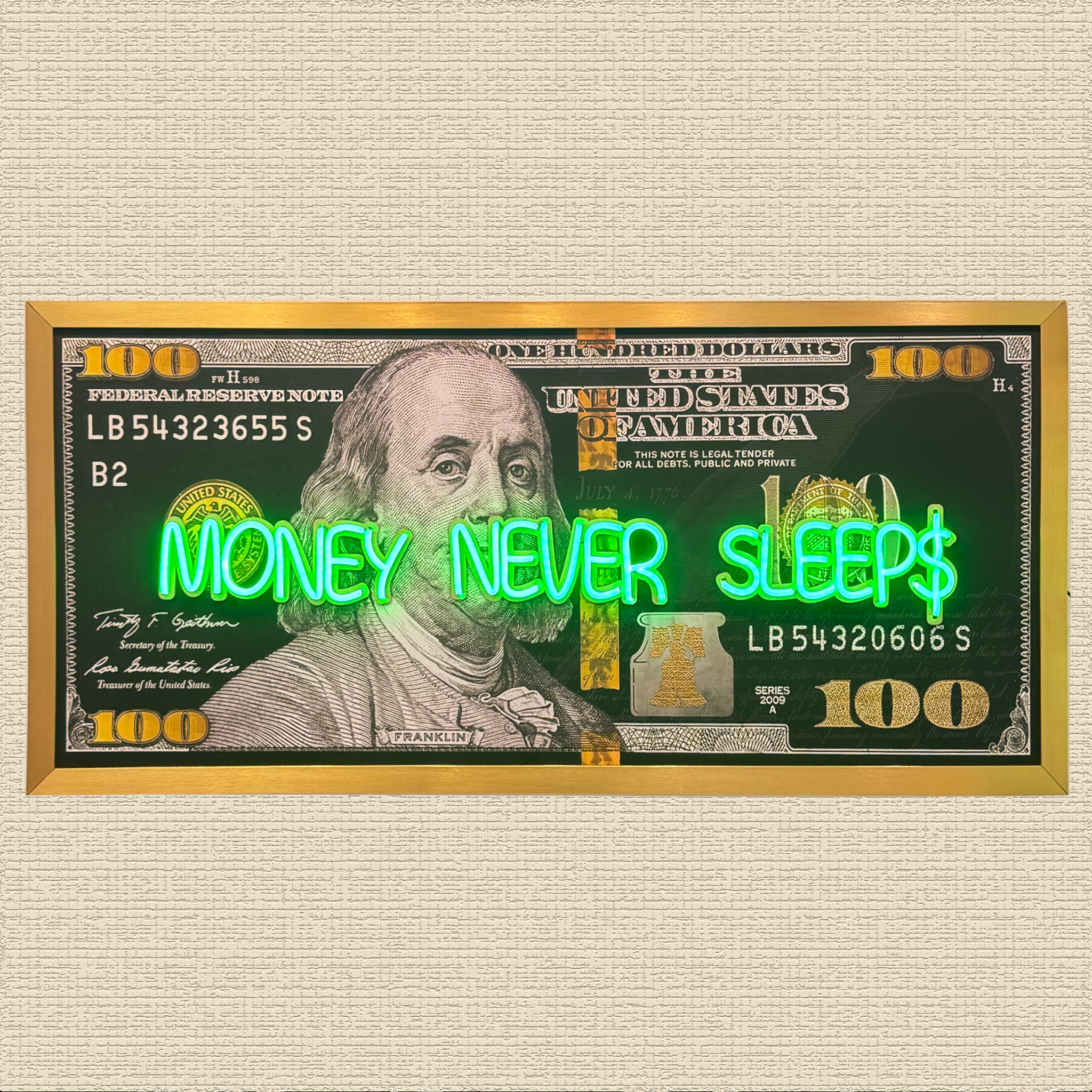 Black and Gold 100 Dollar- Money Never Sleeps Neon Light- Wall Art Decor