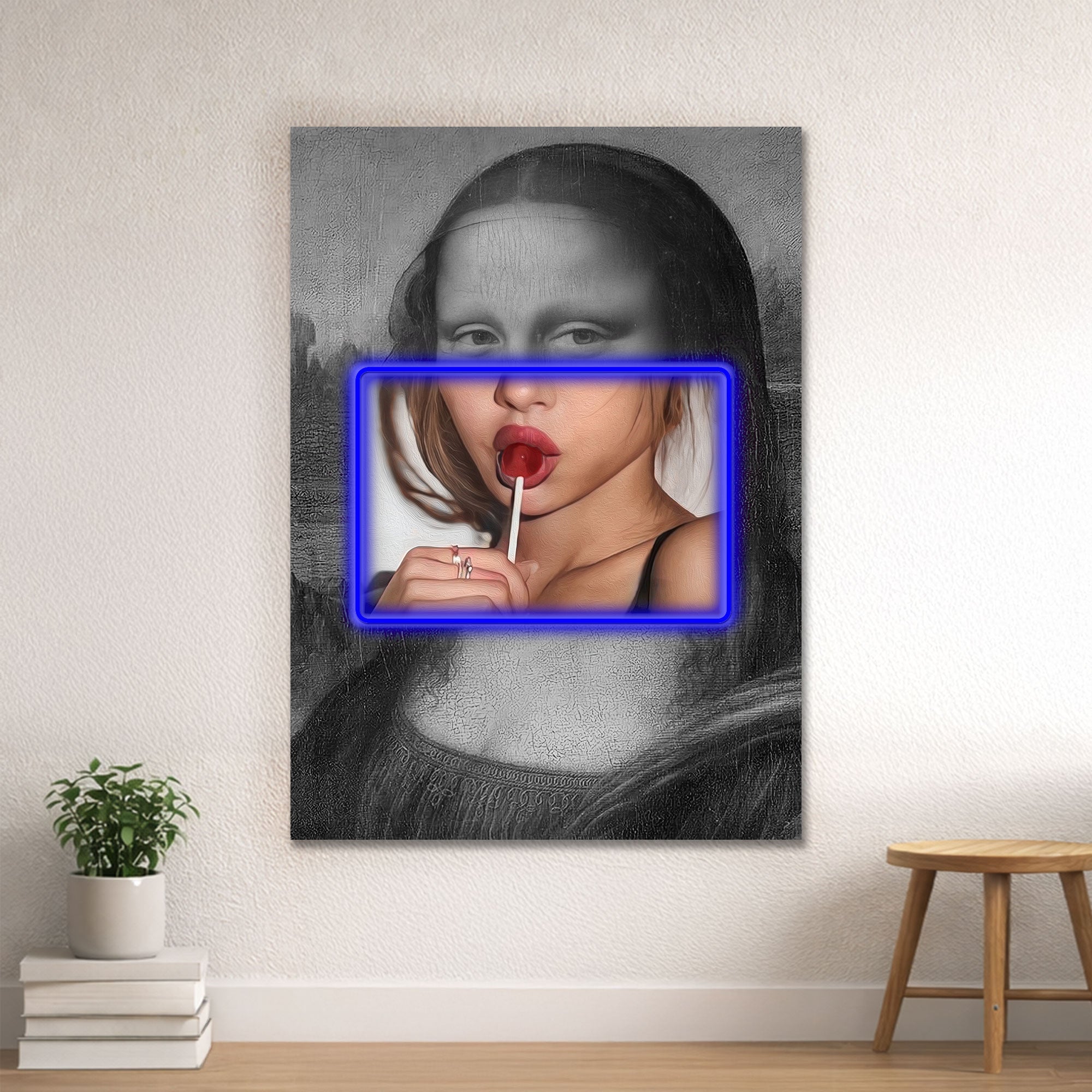 Mona Lisa Pop Art – Neon Pink Frame & Lollipop Wall Decor