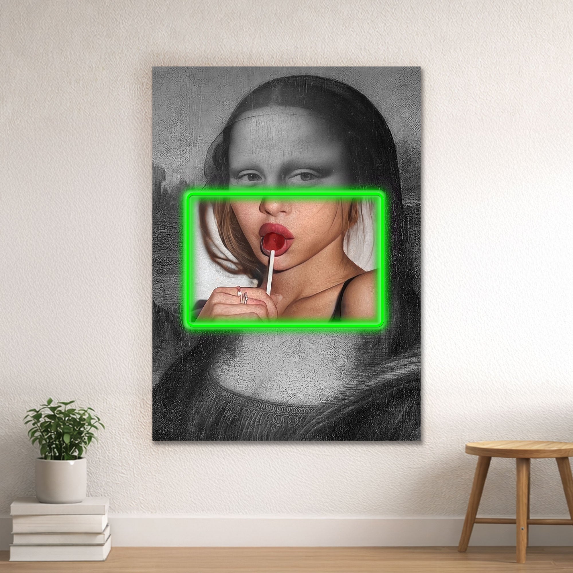 Mona Lisa Pop Art – Neon Pink Frame & Lollipop Wall Decor