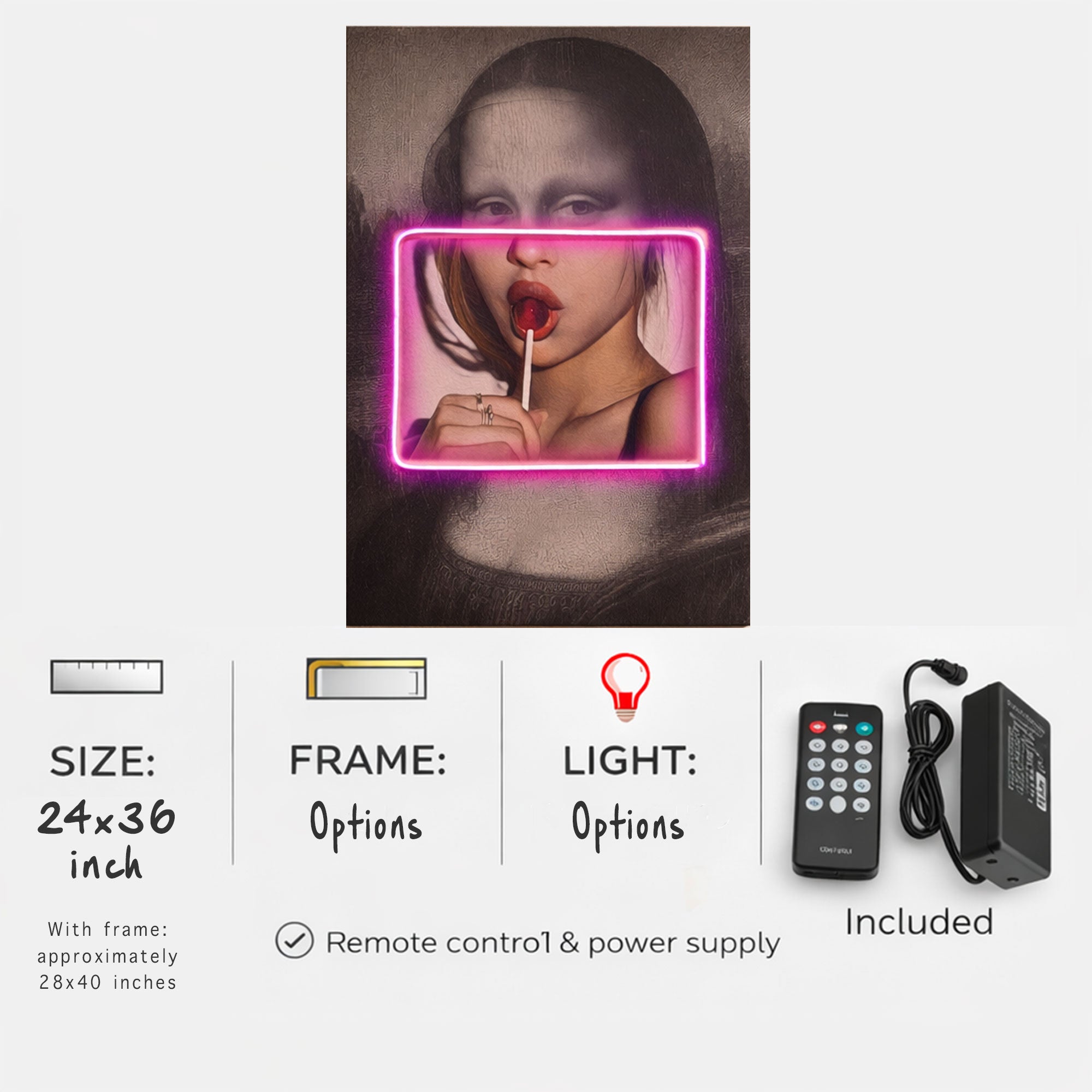 Mona Lisa Pop Art – Neon Pink Frame & Lollipop Wall Decor