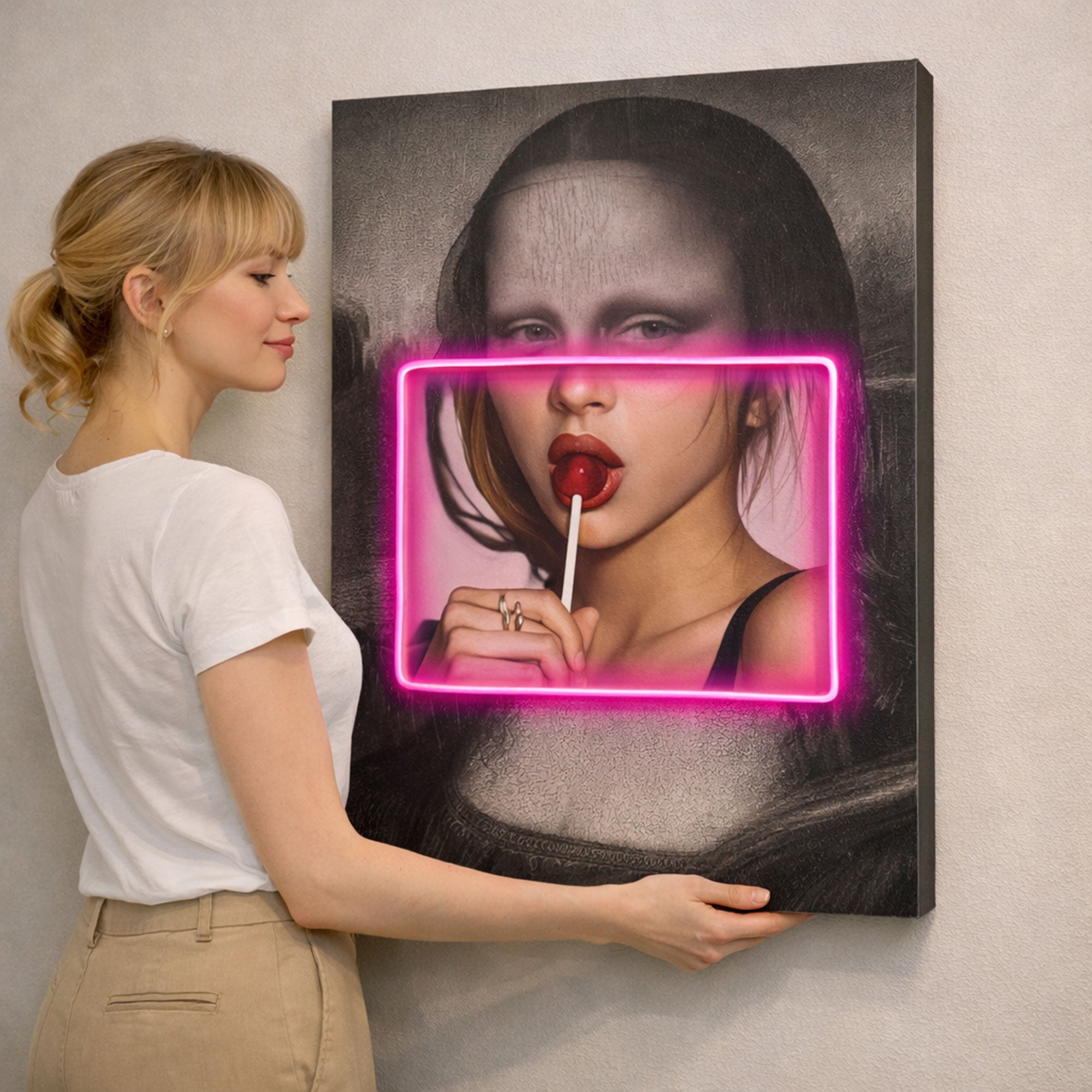 Mona Lisa Pop Art – Neon Pink Frame & Lollipop Wall Decor