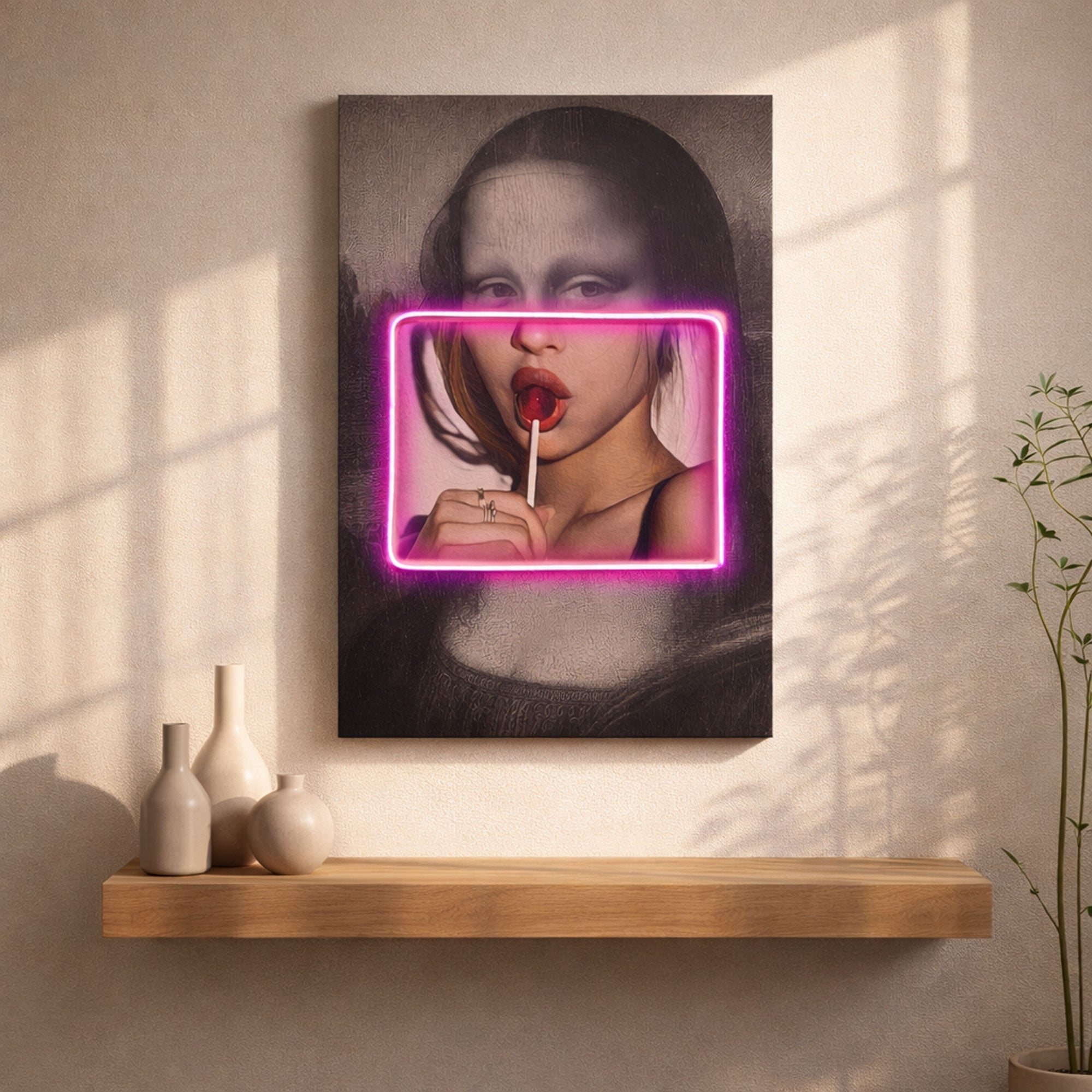 Mona Lisa Pop Art – Neon Pink Frame & Lollipop Wall Decor