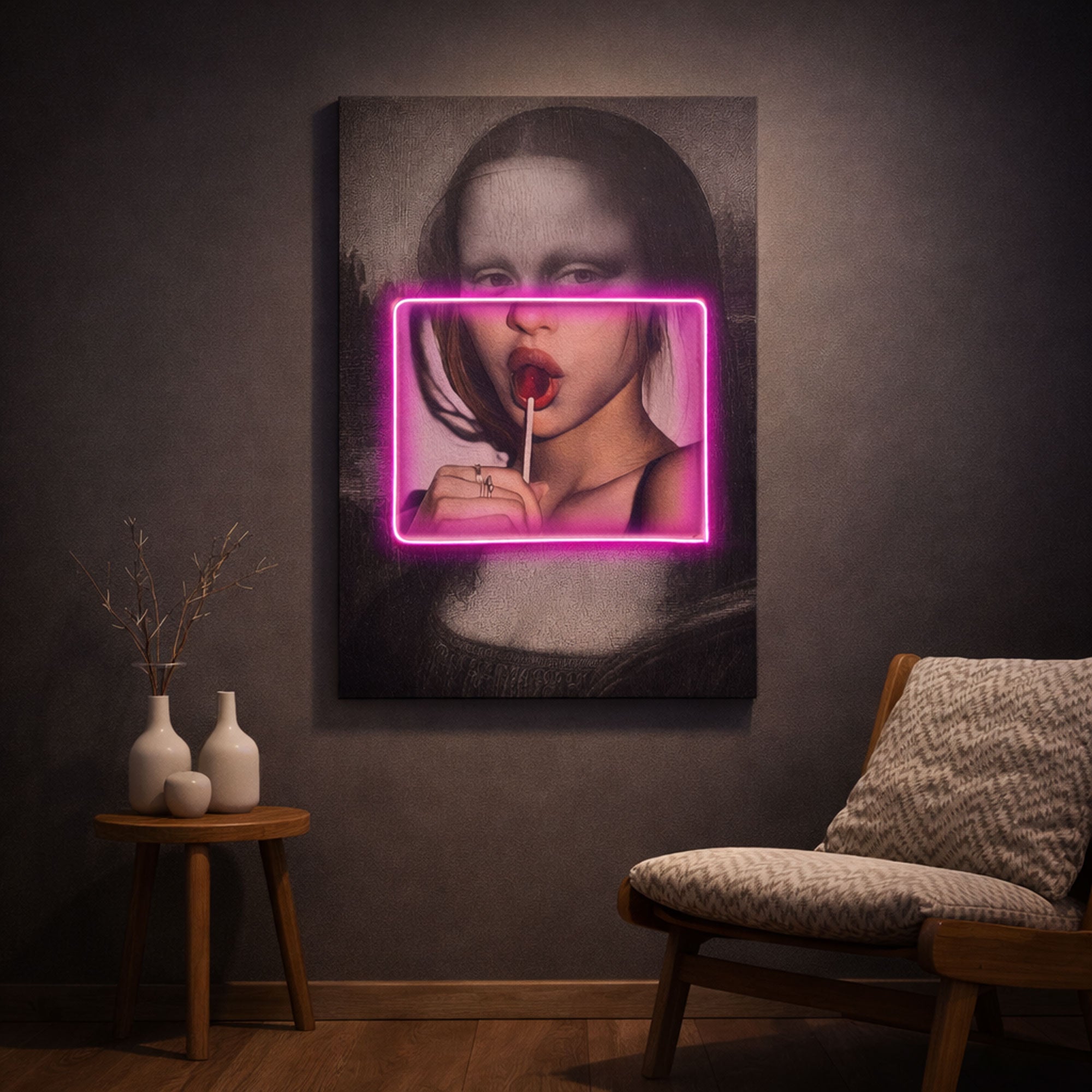Mona Lisa Pop Art – Neon Pink Frame & Lollipop Wall Decor