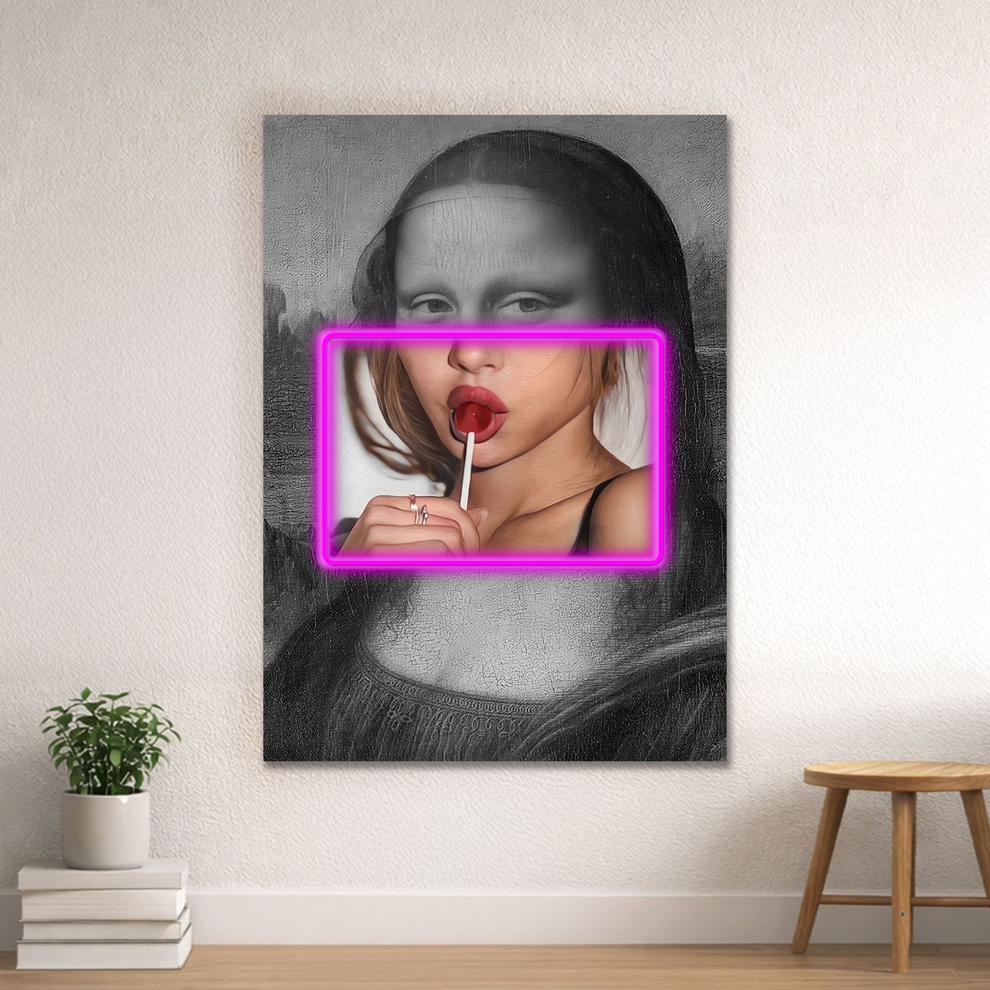 Mona Lisa Pop Art – Neon Pink Frame & Lollipop Wall Decor