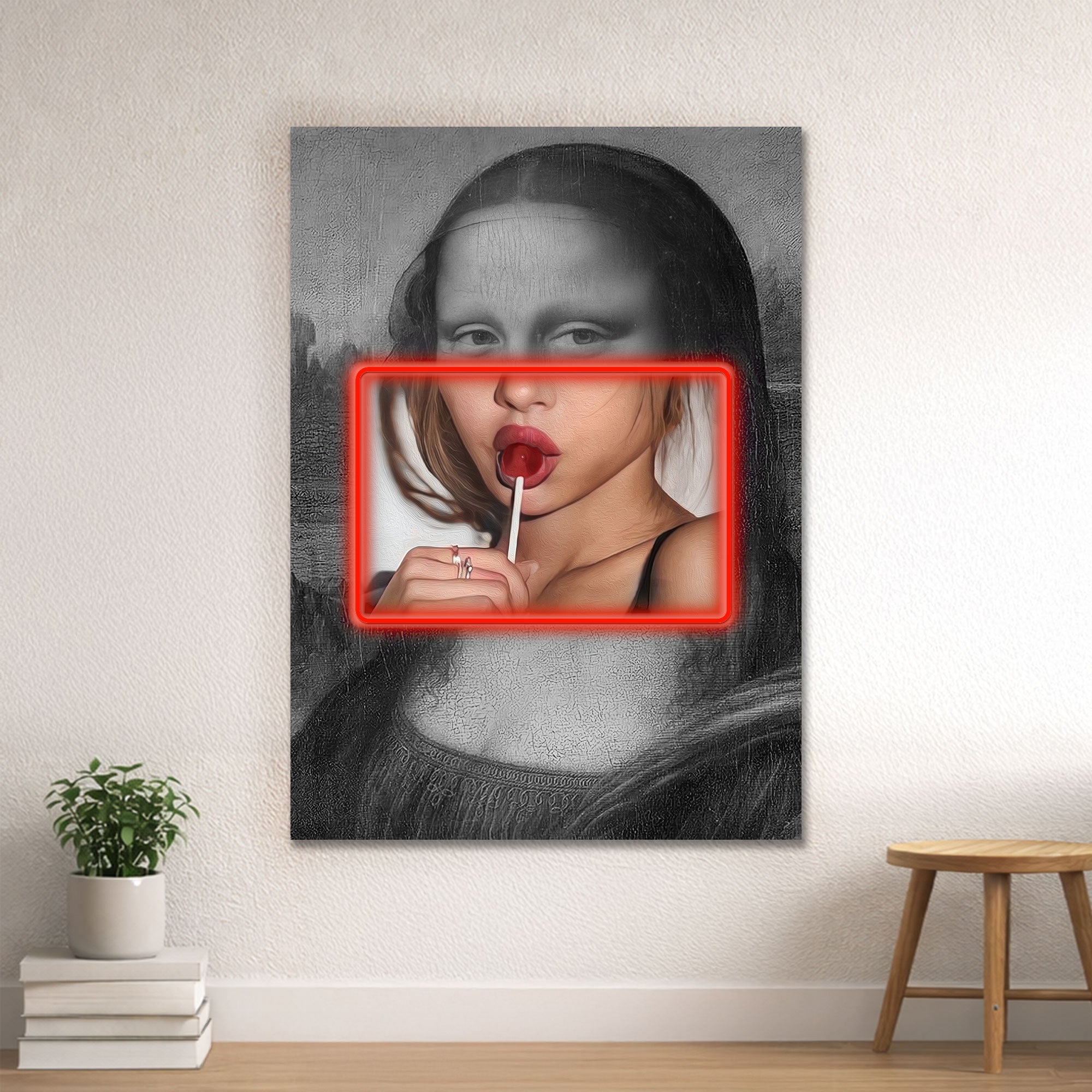 Mona Lisa Pop Art – Neon Pink Frame & Lollipop Wall Decor