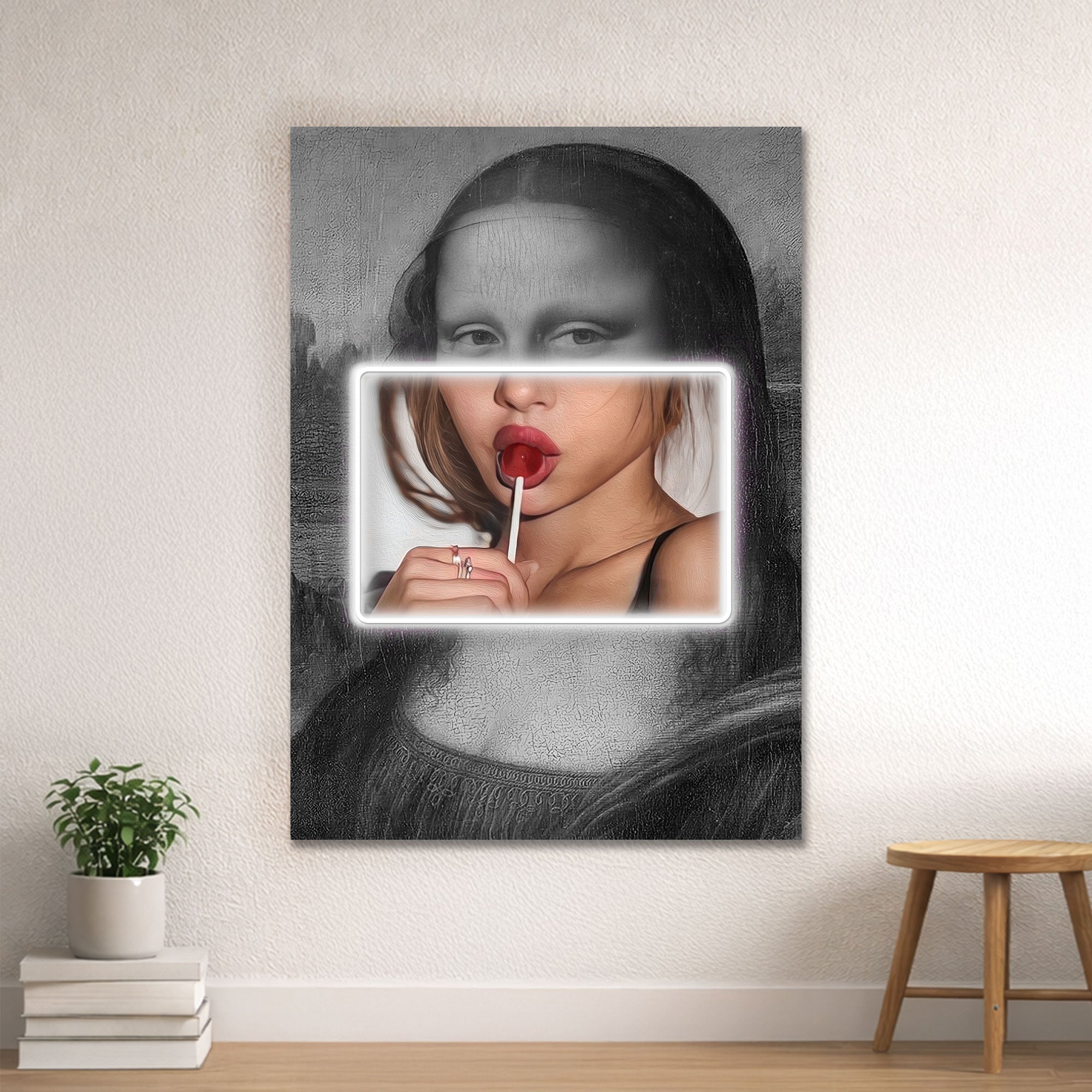 Mona Lisa Pop Art – Neon Pink Frame & Lollipop Wall Decor