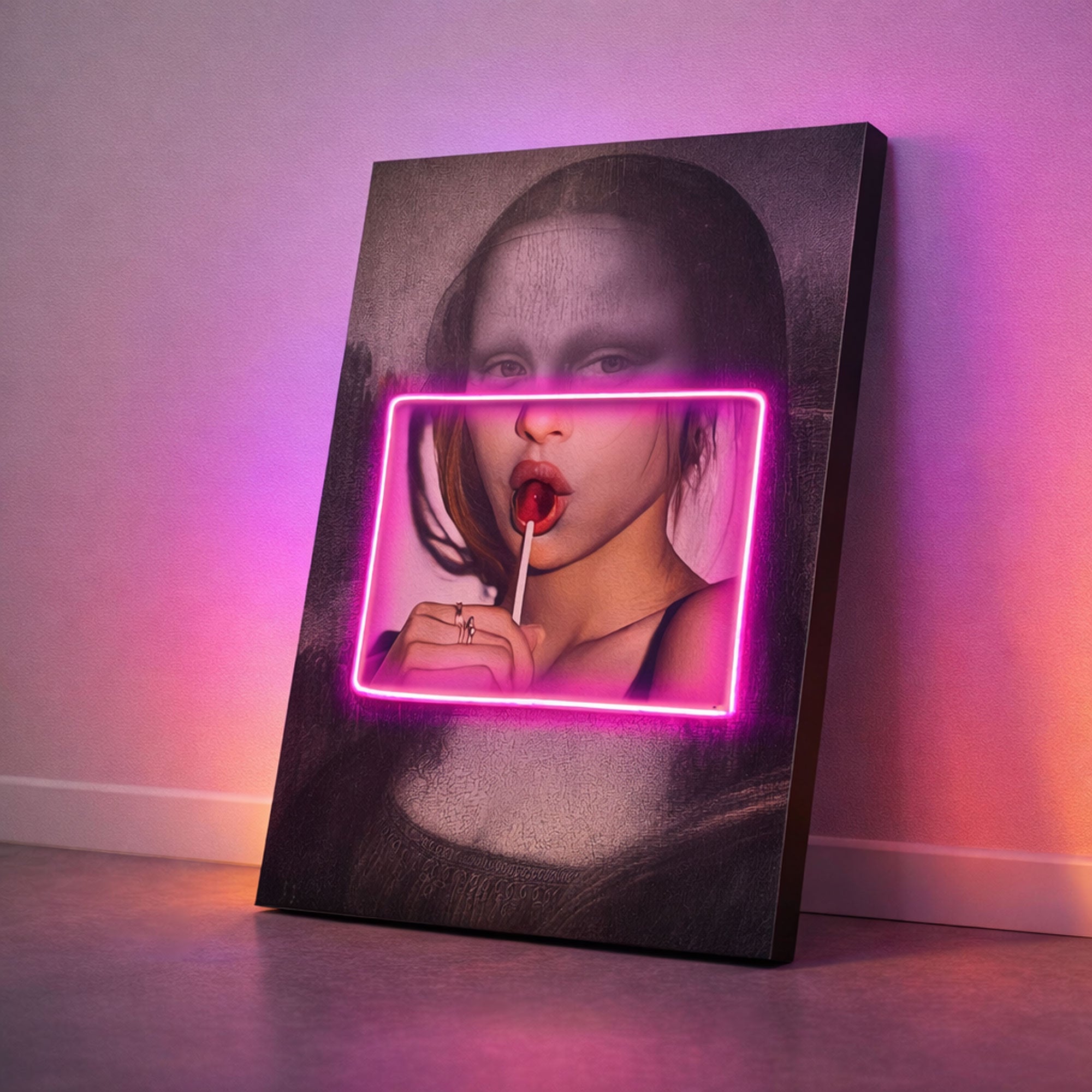 Mona Lisa Pop Art – Neon Pink Frame & Lollipop Wall Decor