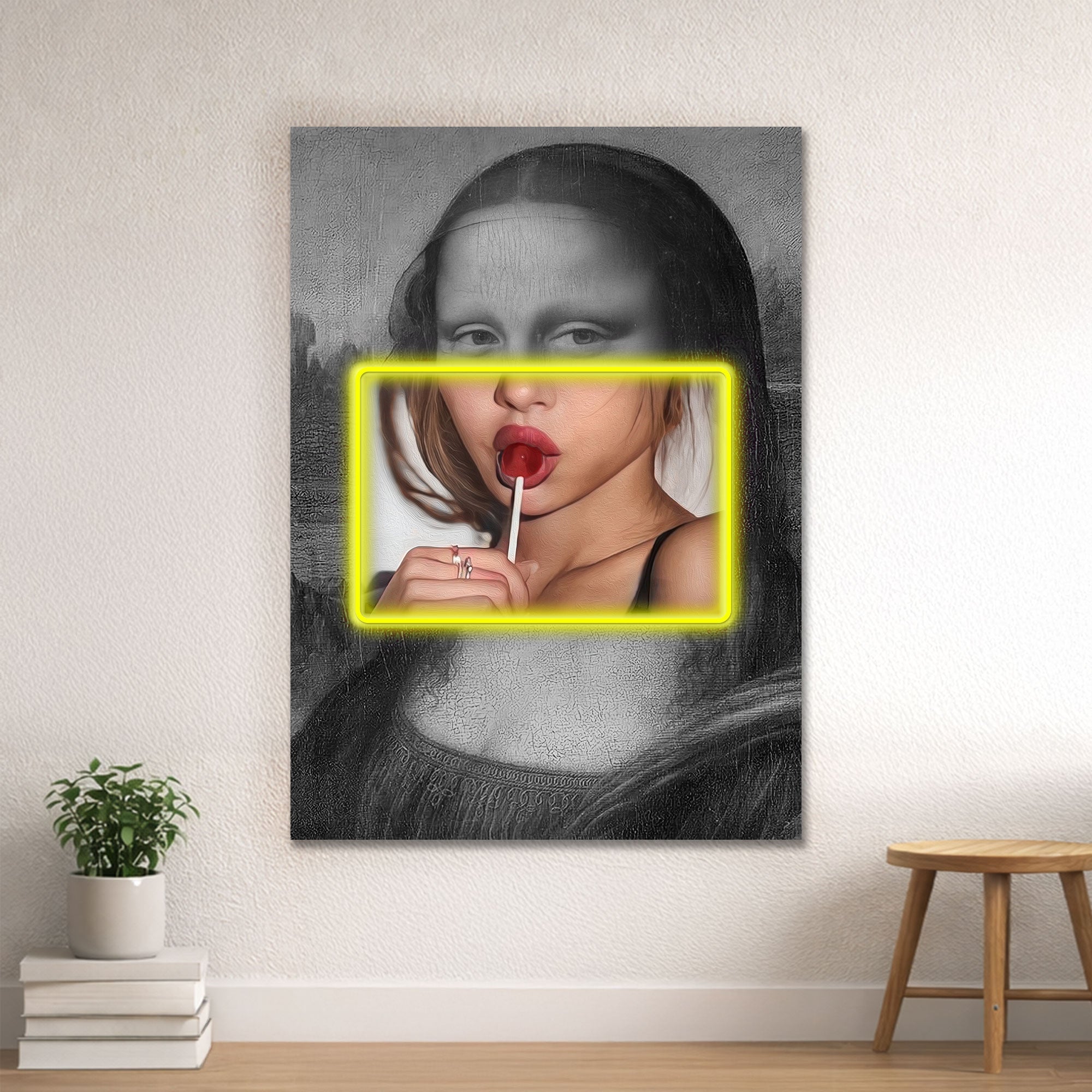 Mona Lisa Pop Art – Neon Pink Frame & Lollipop Wall Decor