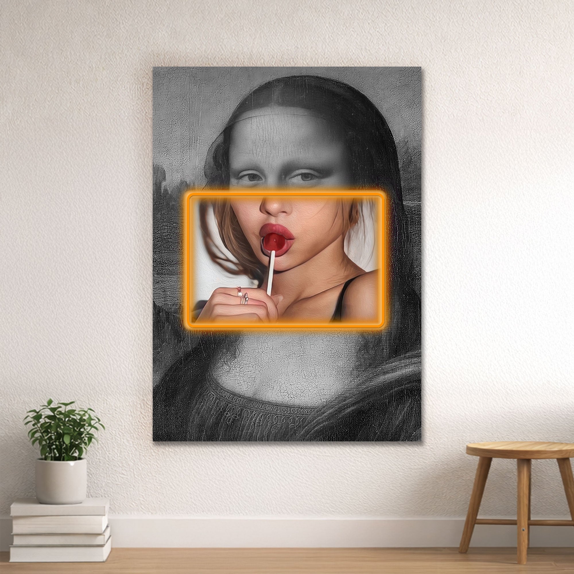 Mona Lisa Pop Art – Neon Pink Frame & Lollipop Wall Decor