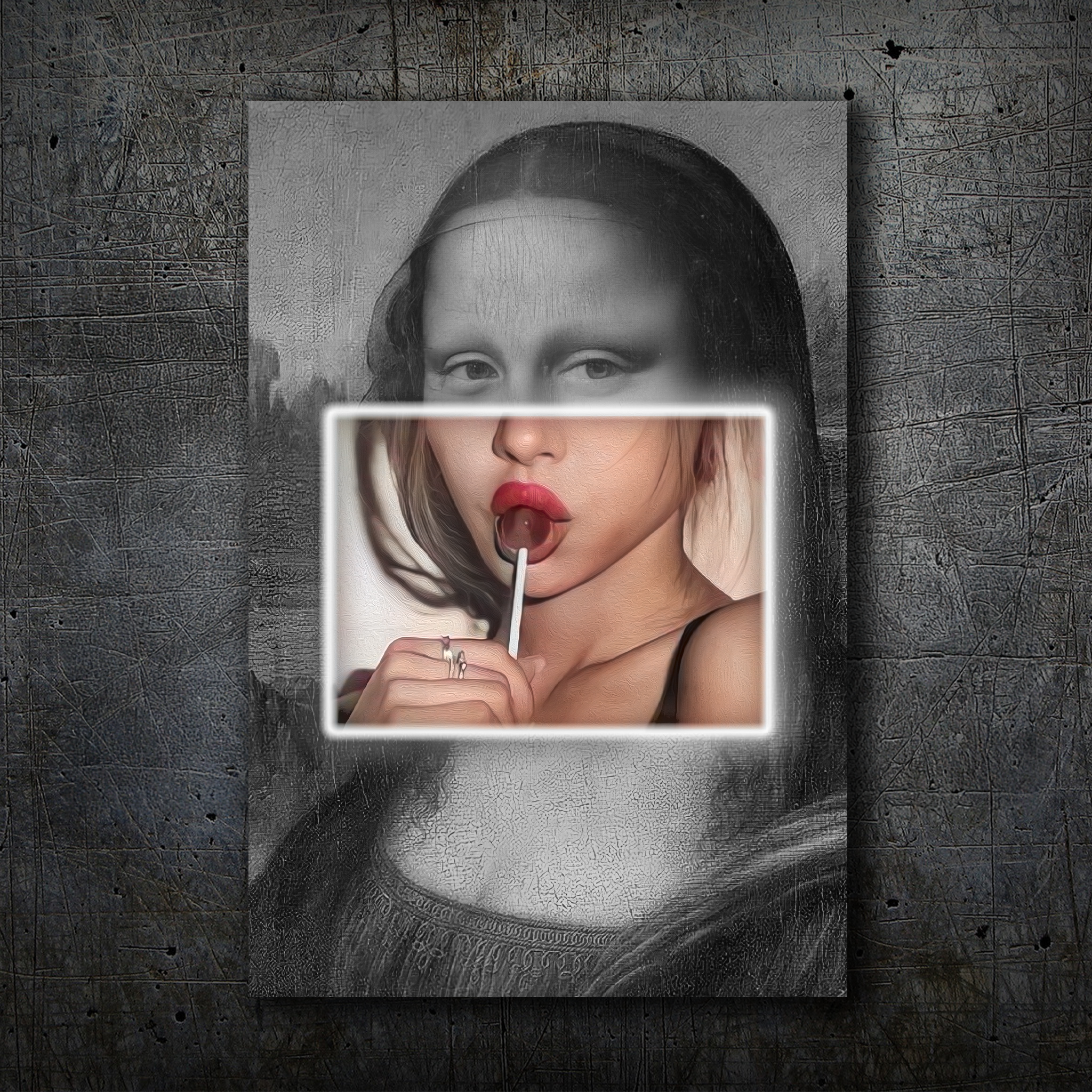 Mona Lisa Pop Art – Neon Pink Frame & Lollipop Wall Decor