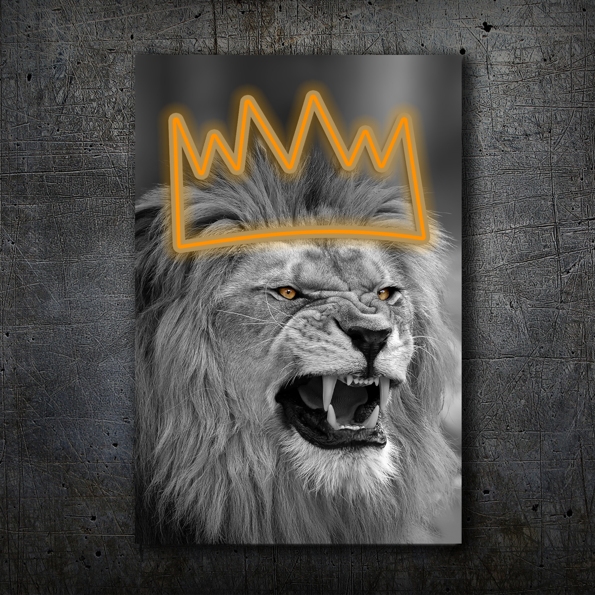 Lion Crown Neon Wall Art – Black & White Design