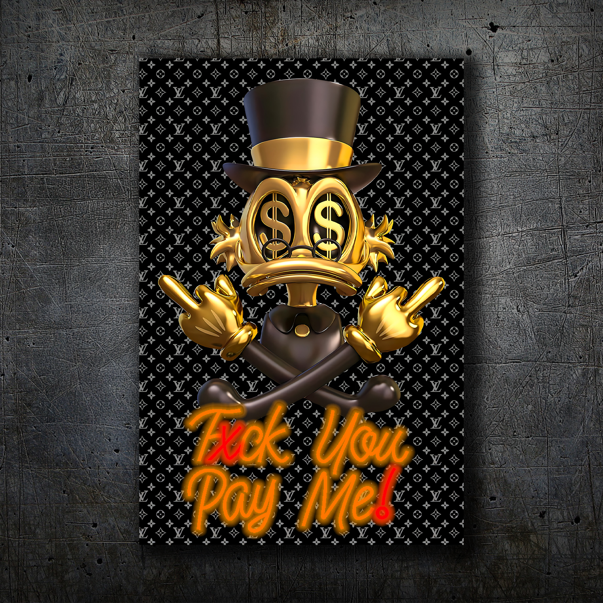 Donald Duck Scrooge – Gold Black Neon Wall Art “F* You Pay Me”