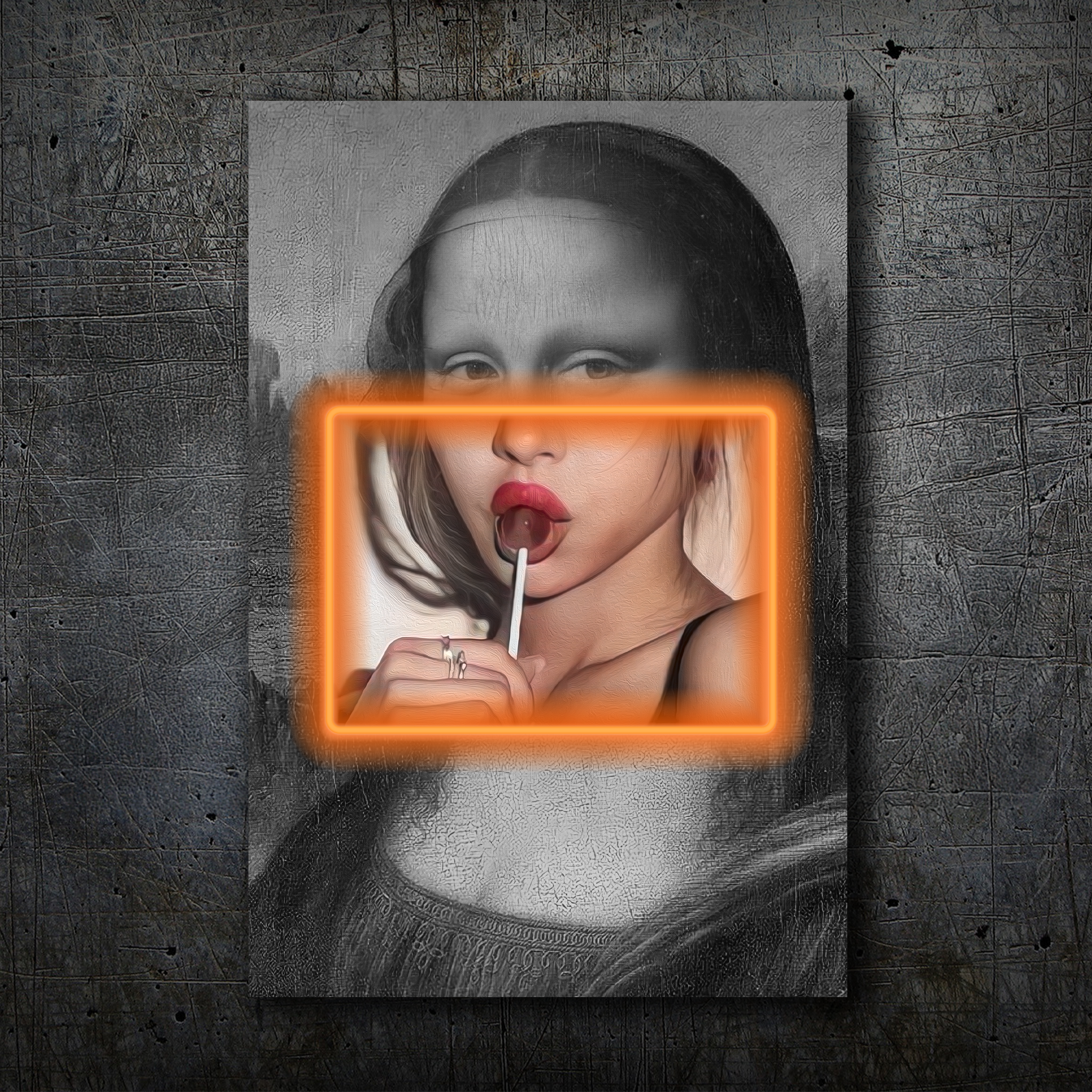 Mona Lisa Pop Art – Neon Pink Frame & Lollipop Wall Decor