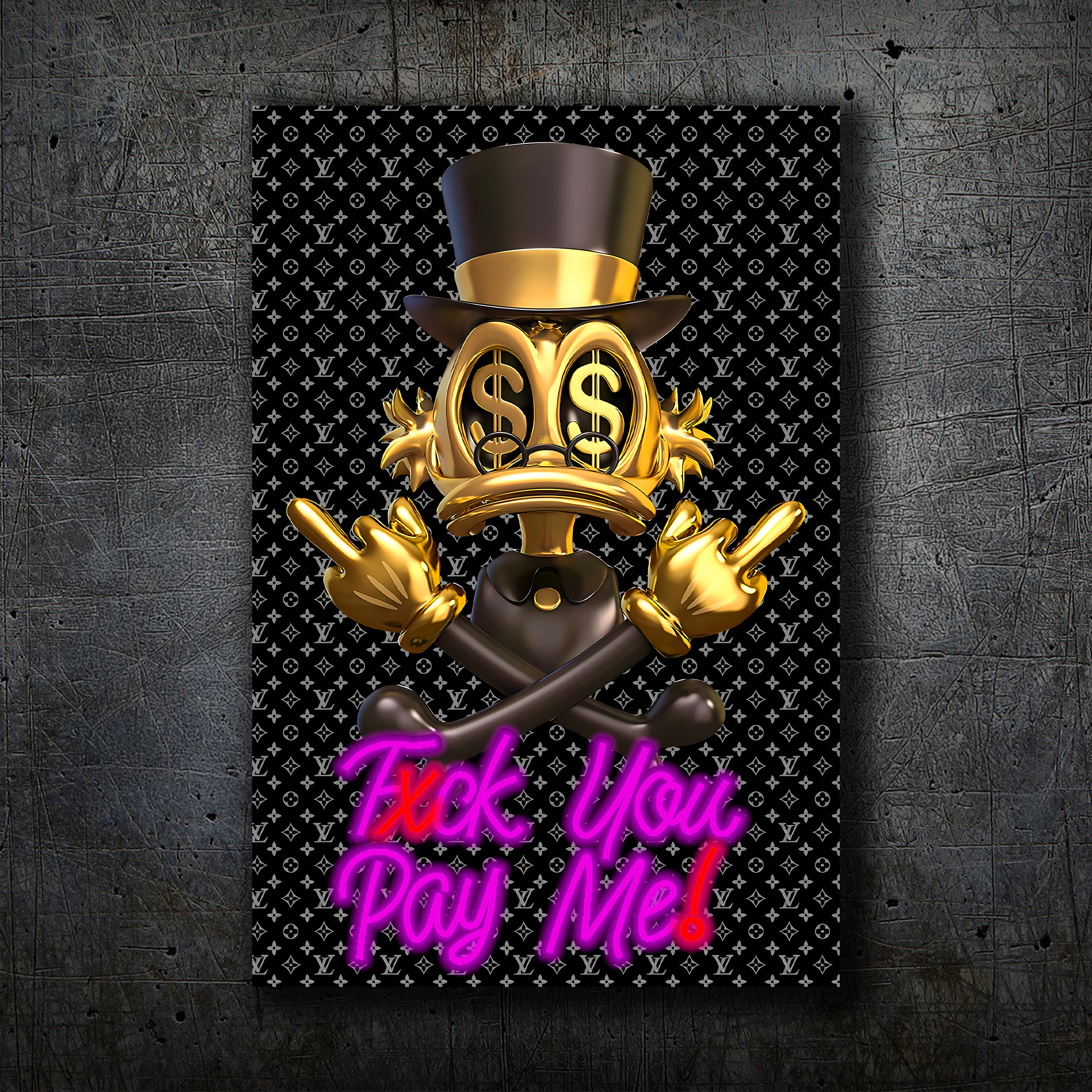 Donald Duck Scrooge – Gold Black Neon Wall Art “F* You Pay Me”