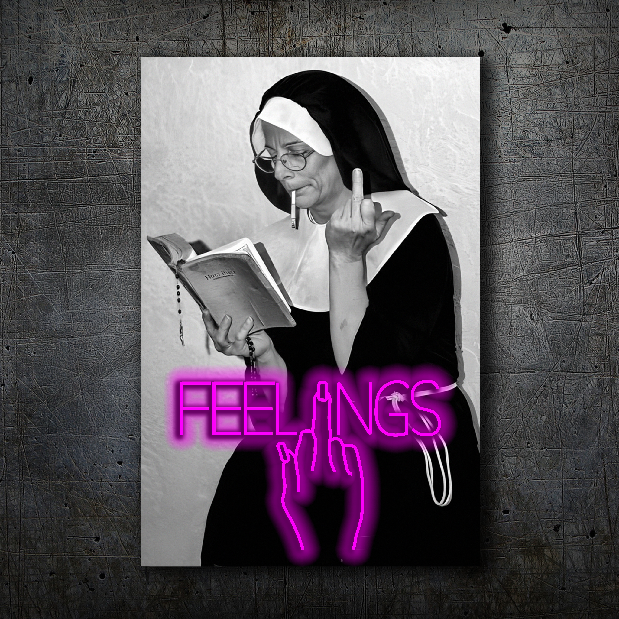 FEELINGS Neon Wall Art – Retro Black & White Design