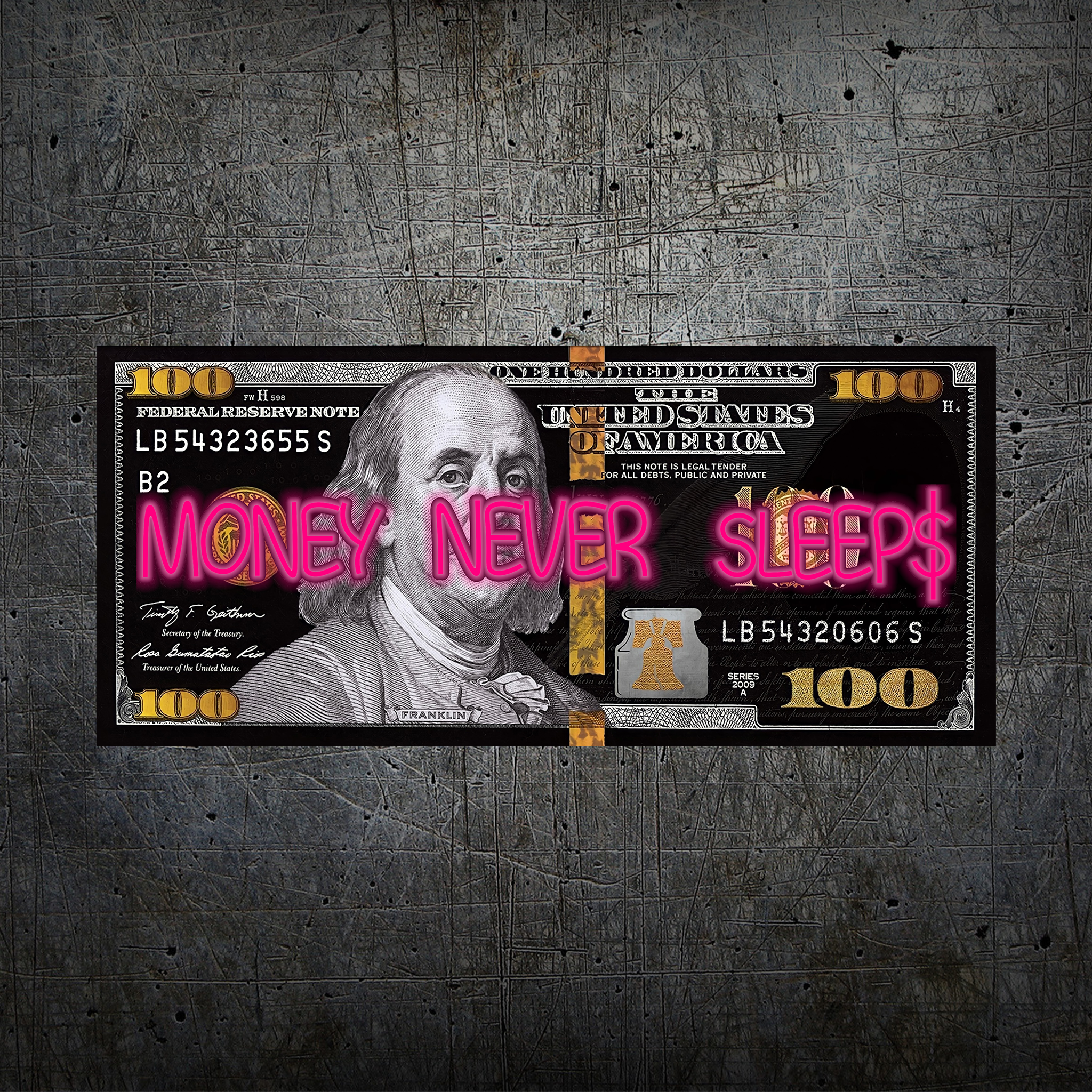 Black and Gold 100 Dollar- Money Never Sleeps Neon Light- Wall Art Decor