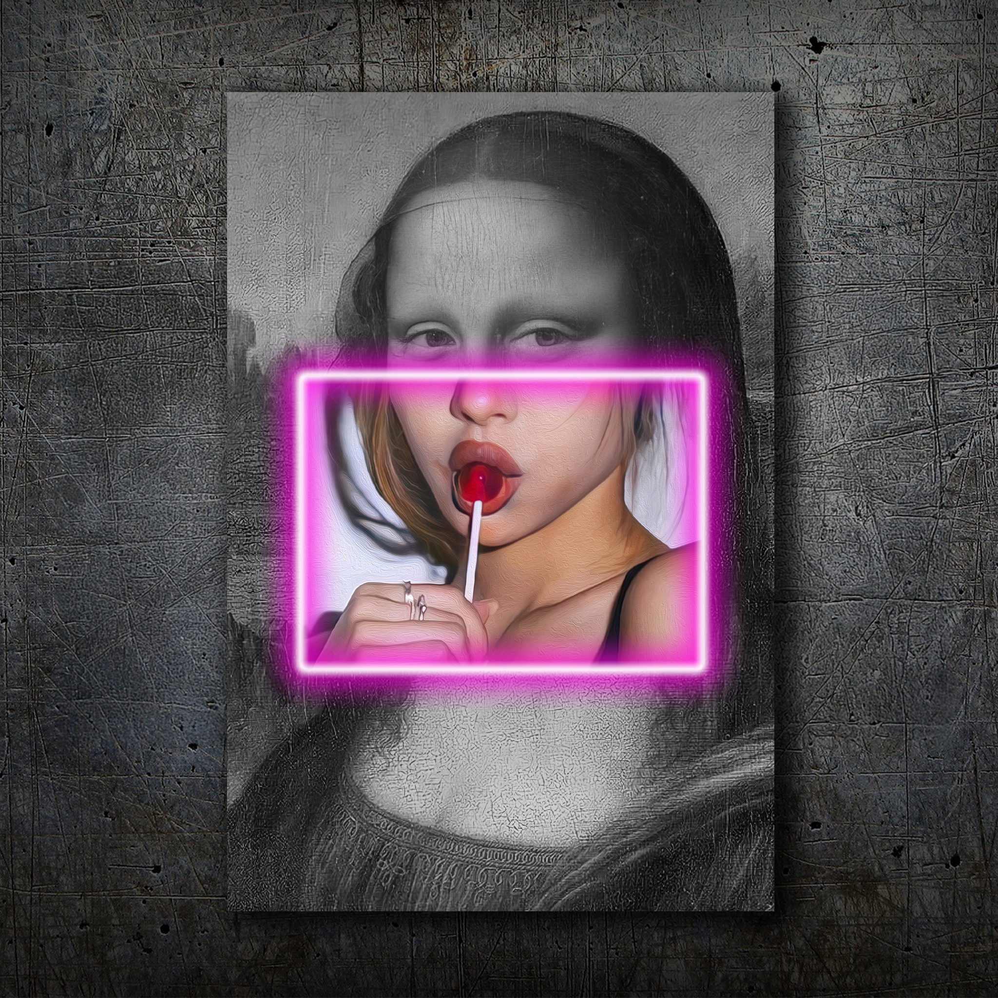 Mona Lisa Pop Art – Neon Pink Frame & Lollipop Wall Decor