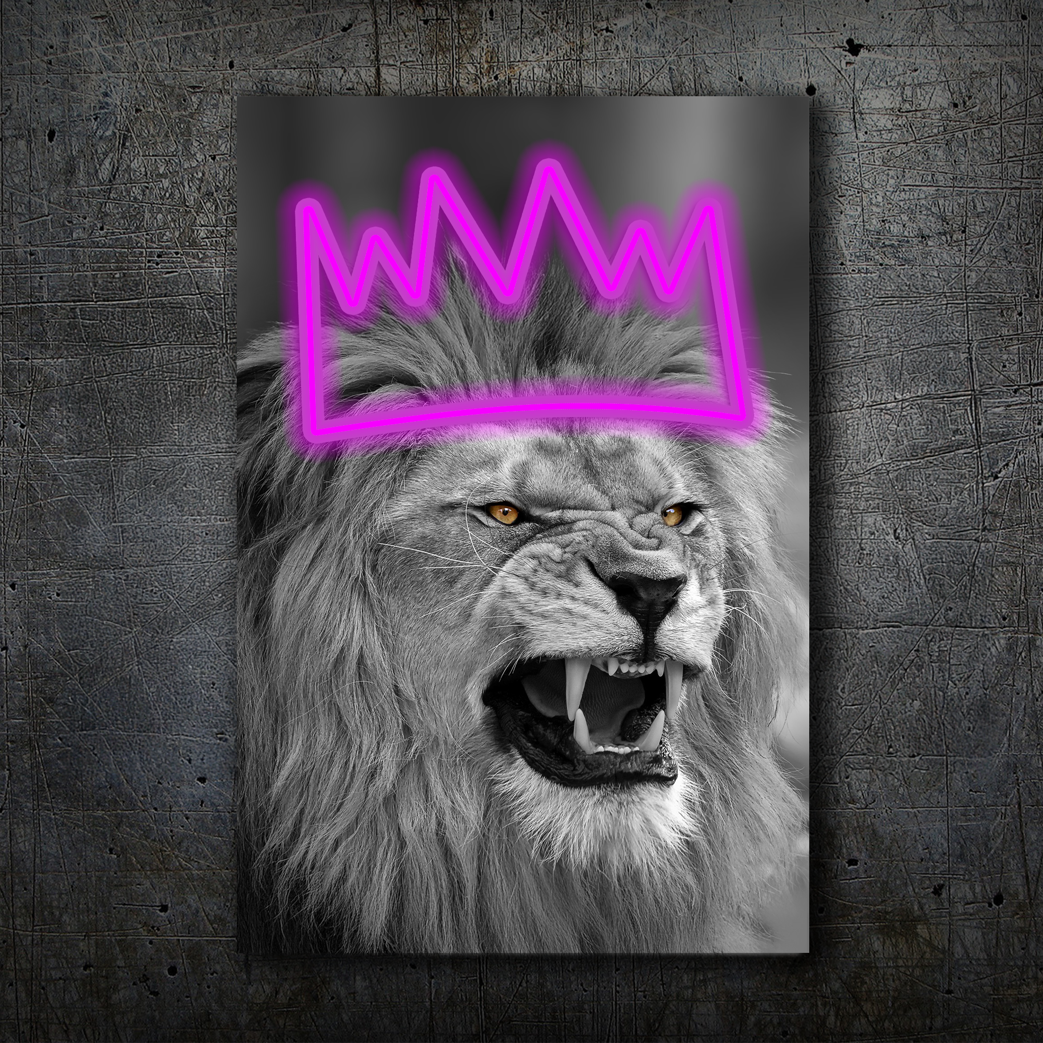Lion Crown Neon Wall Art – Black & White Design