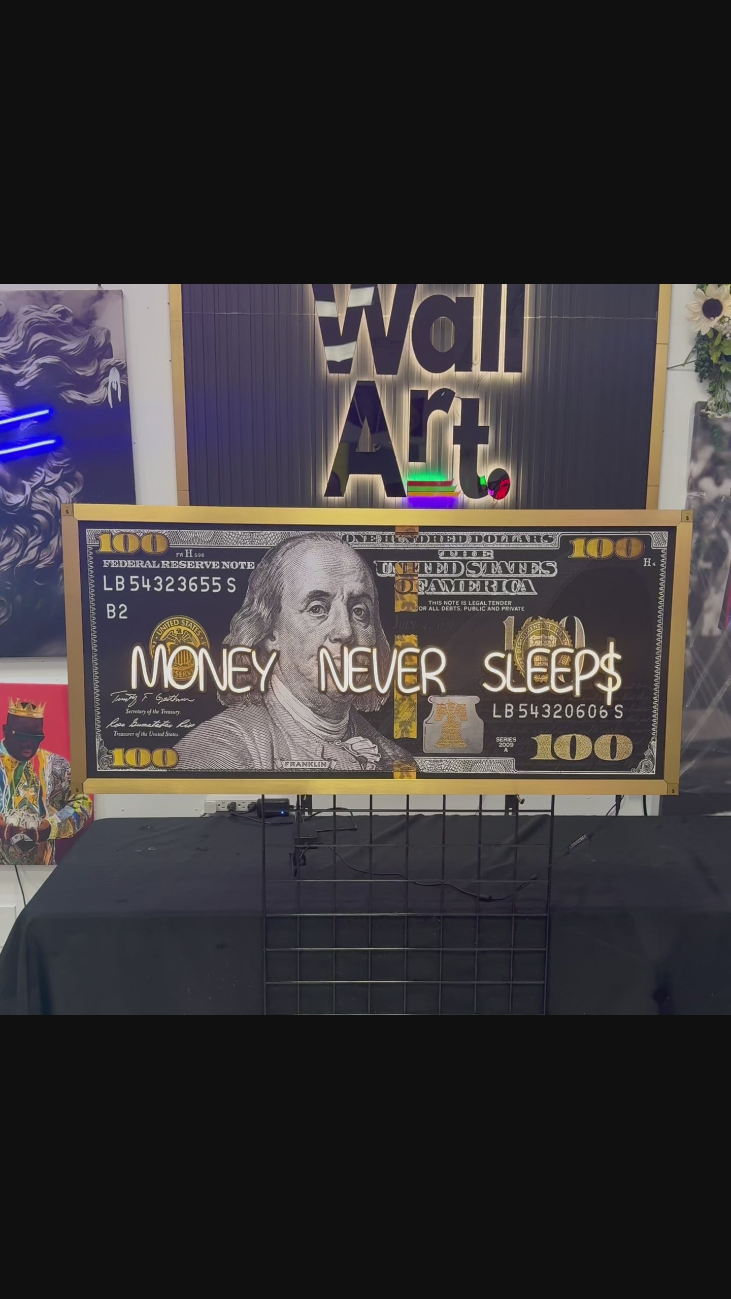 Black and Gold 100 Dollar- Money Never Sleeps Neon Light- Wall Art Decor