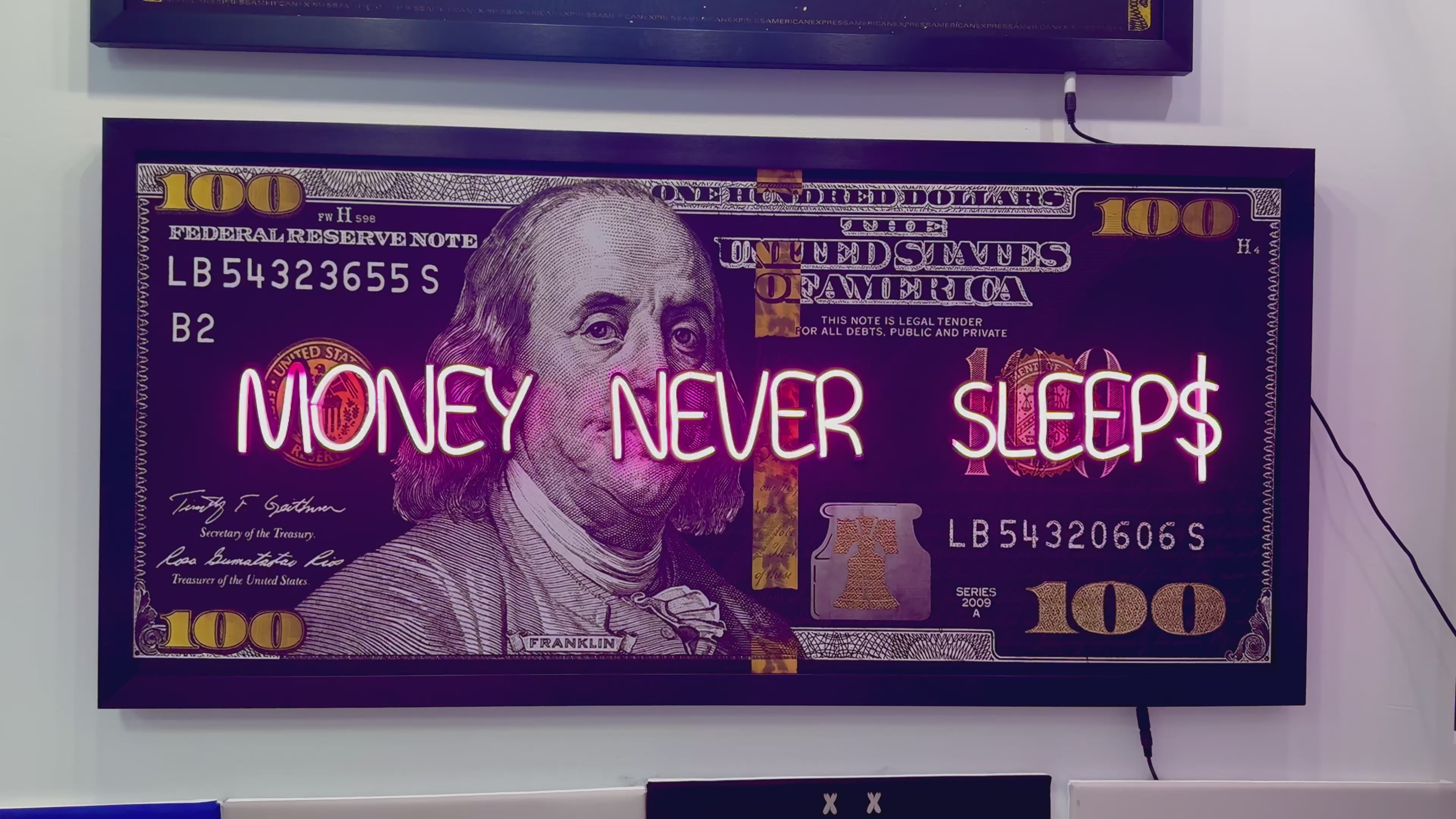 Black and Gold 100 Dollar- Money Never Sleeps Neon Light- Wall Art Decor