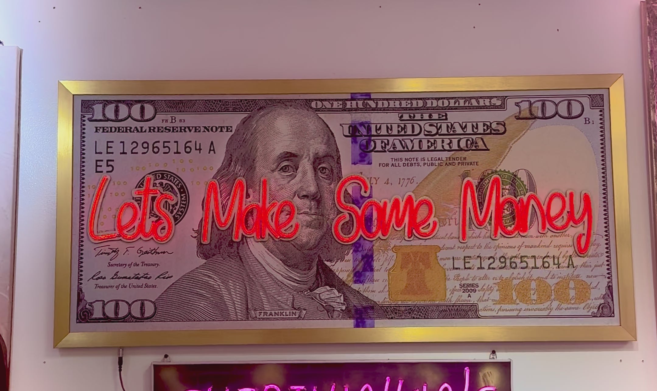 100 Dollar Bill Neon Wall Art – “Let’s Make Some Money” Motivational Decor