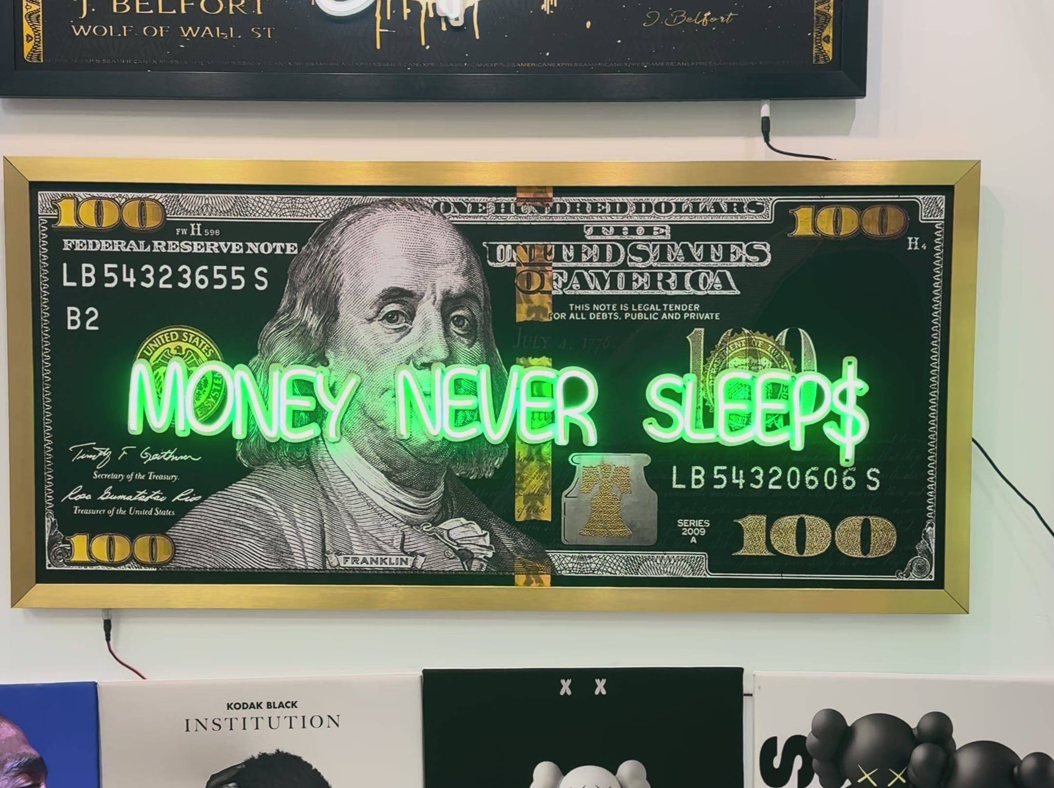 Black and Gold 100 Dollar- Money Never Sleeps Neon Light- Wall Art Decor