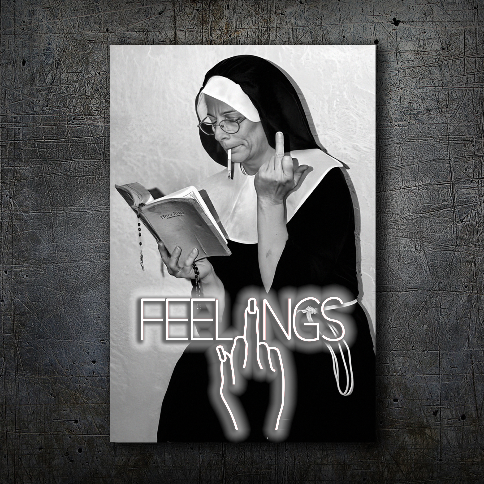 FEELINGS Neon Wall Art – Retro Black & White Design