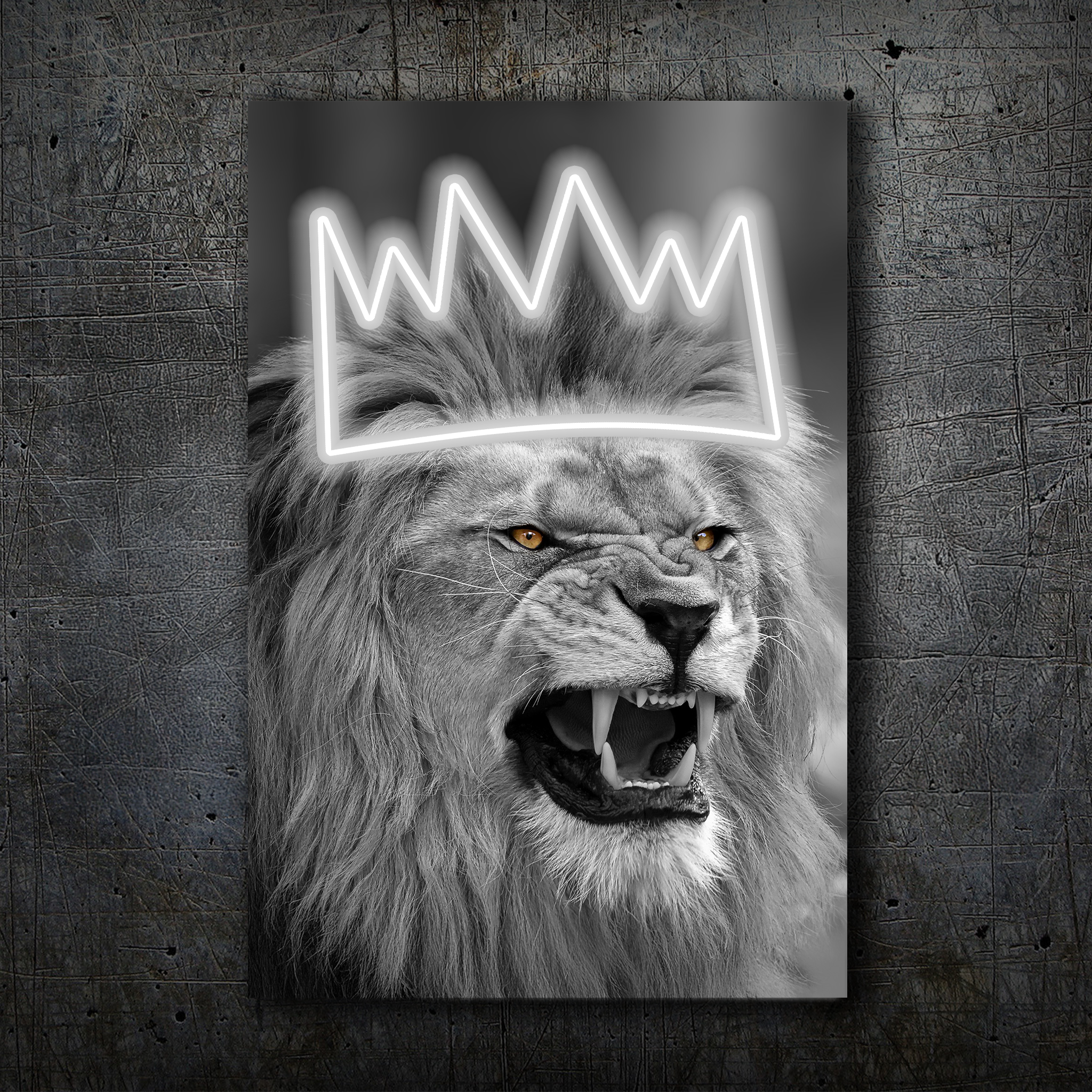 Lion Crown Neon Wall Art – Black & White Design