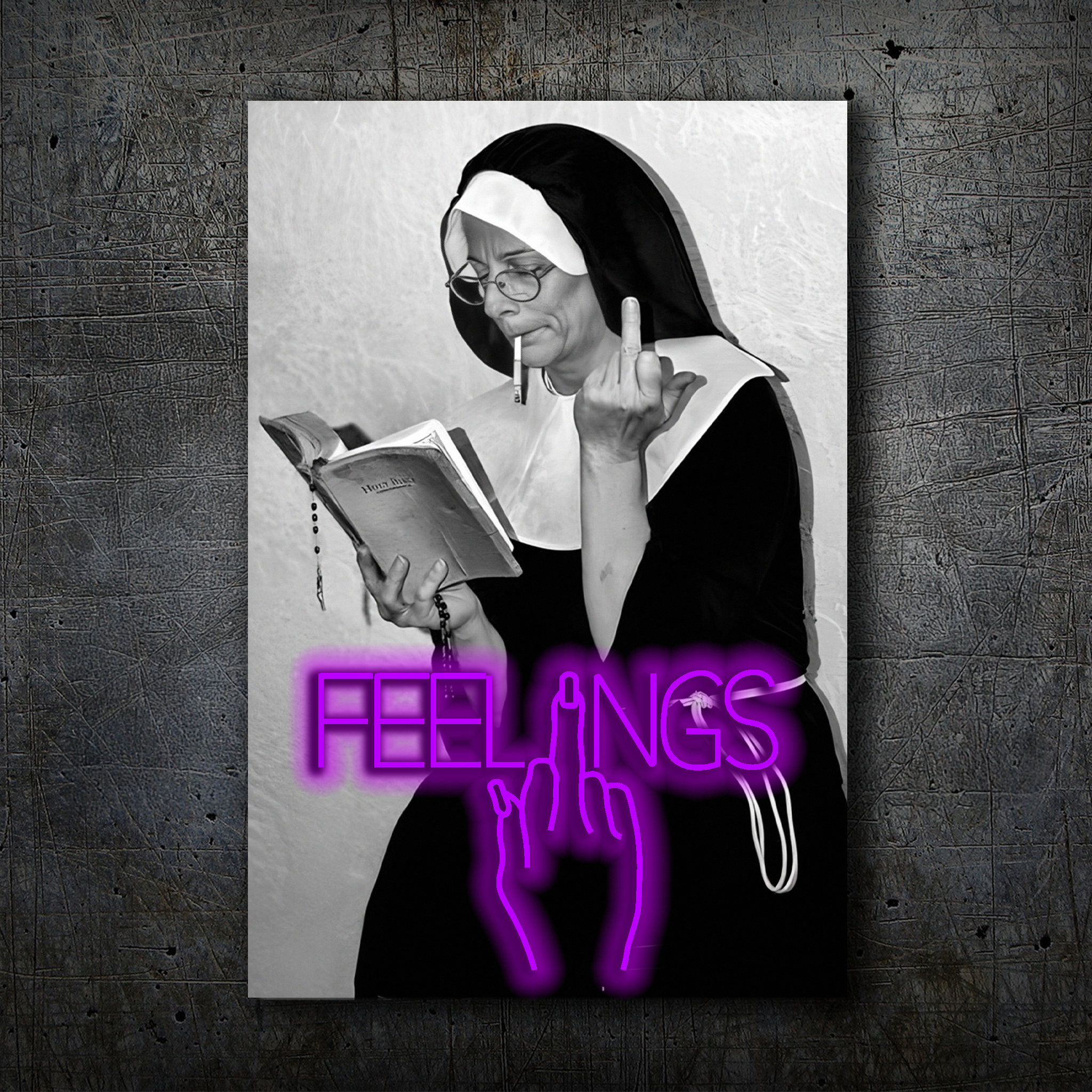 FEELINGS Neon Wall Art – Retro Black & White Design