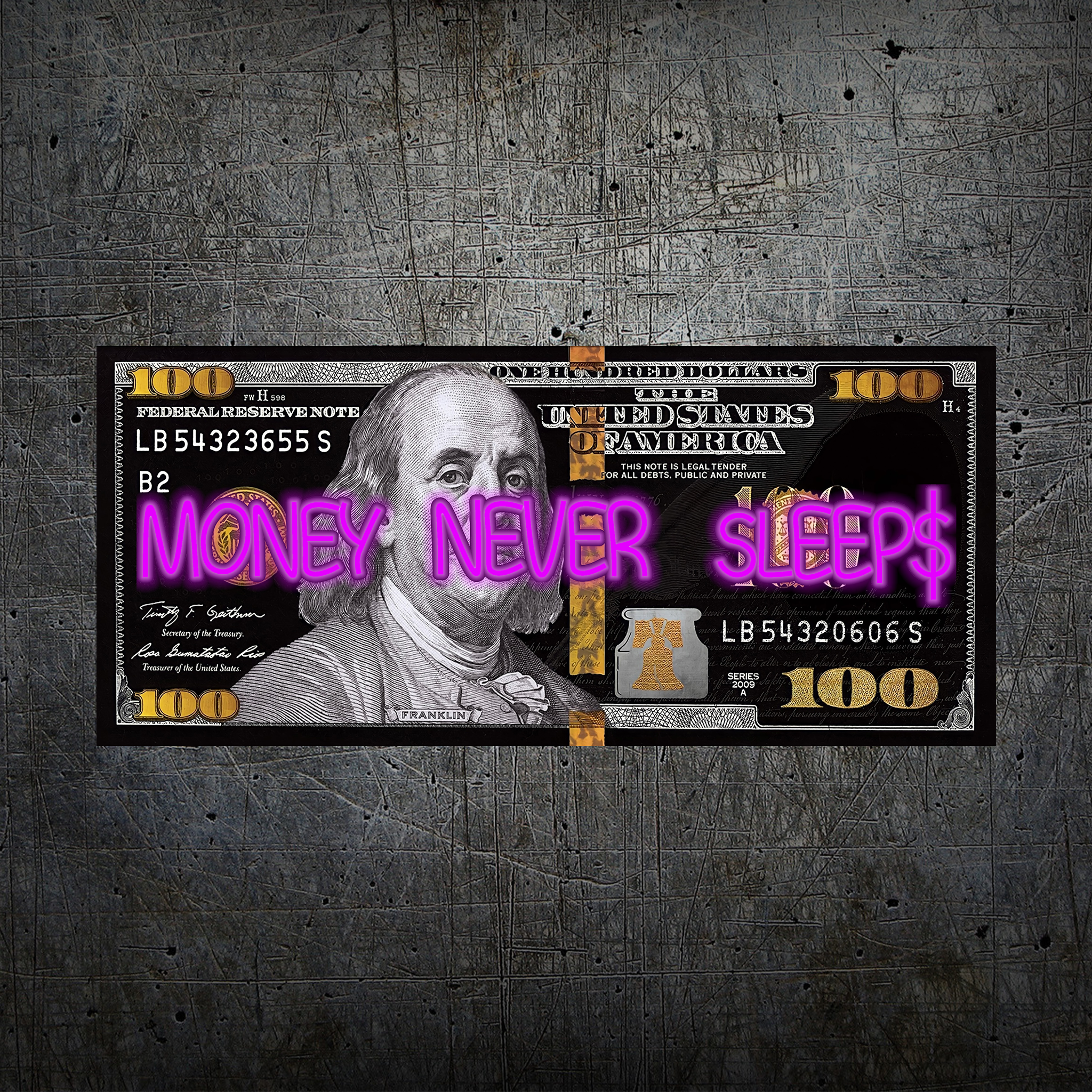 Black and Gold 100 Dollar- Money Never Sleeps Neon Light- Wall Art Decor