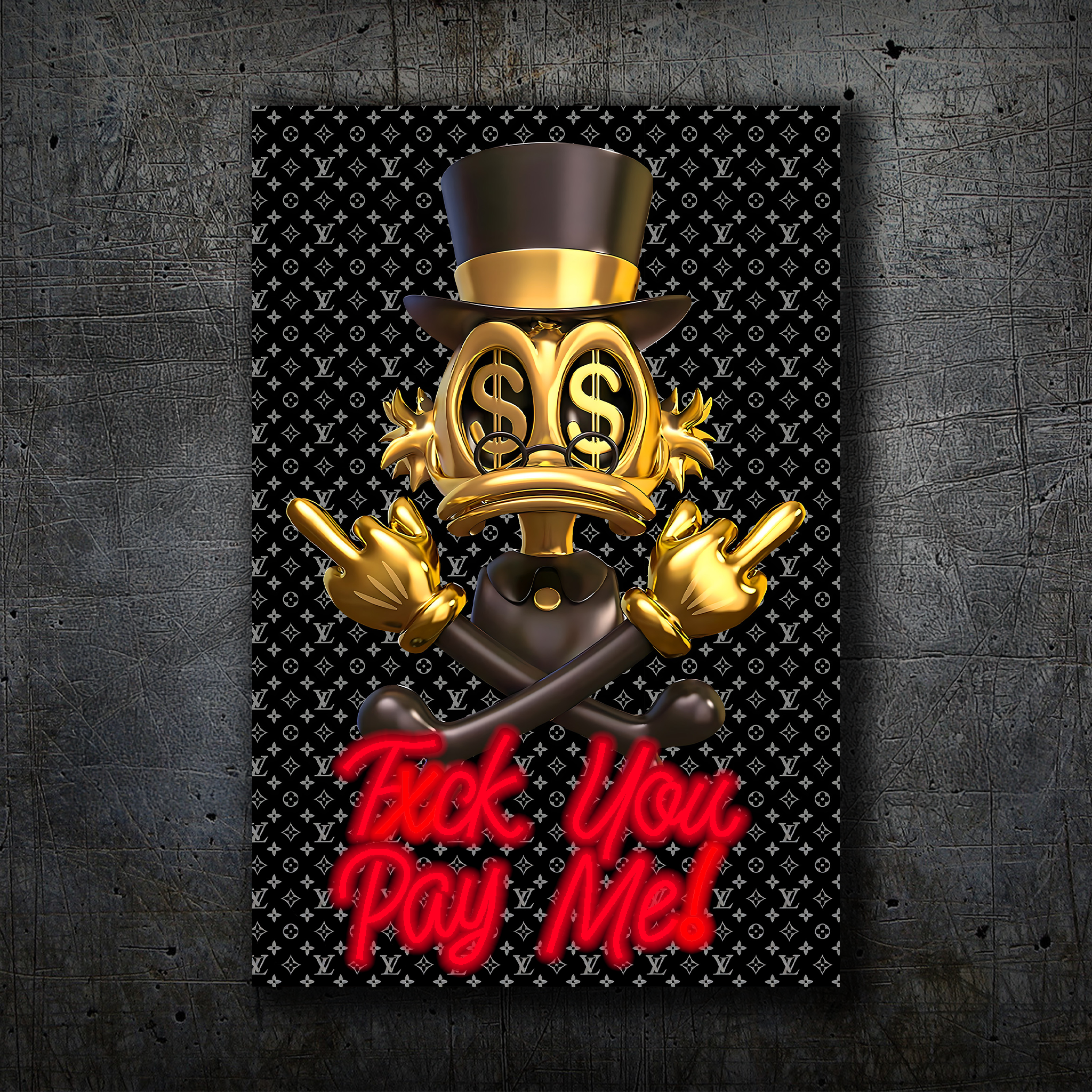 Donald Duck Scrooge – Gold Black Neon Wall Art “F* You Pay Me”