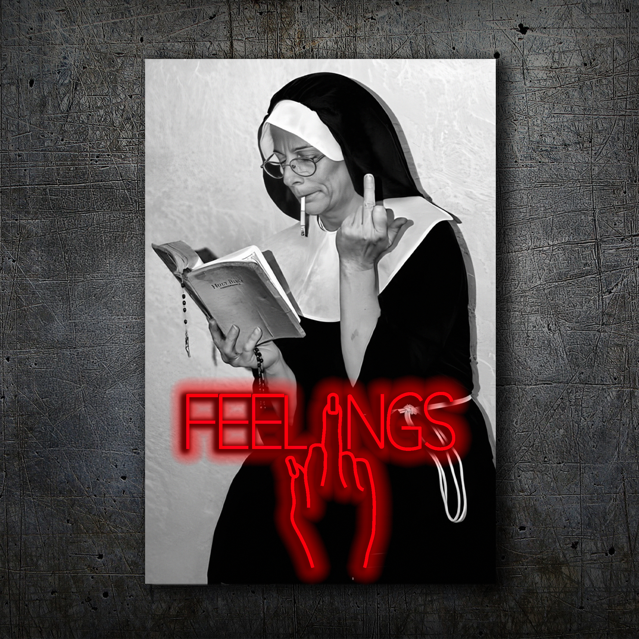 FEELINGS Neon Wall Art – Retro Black & White Design