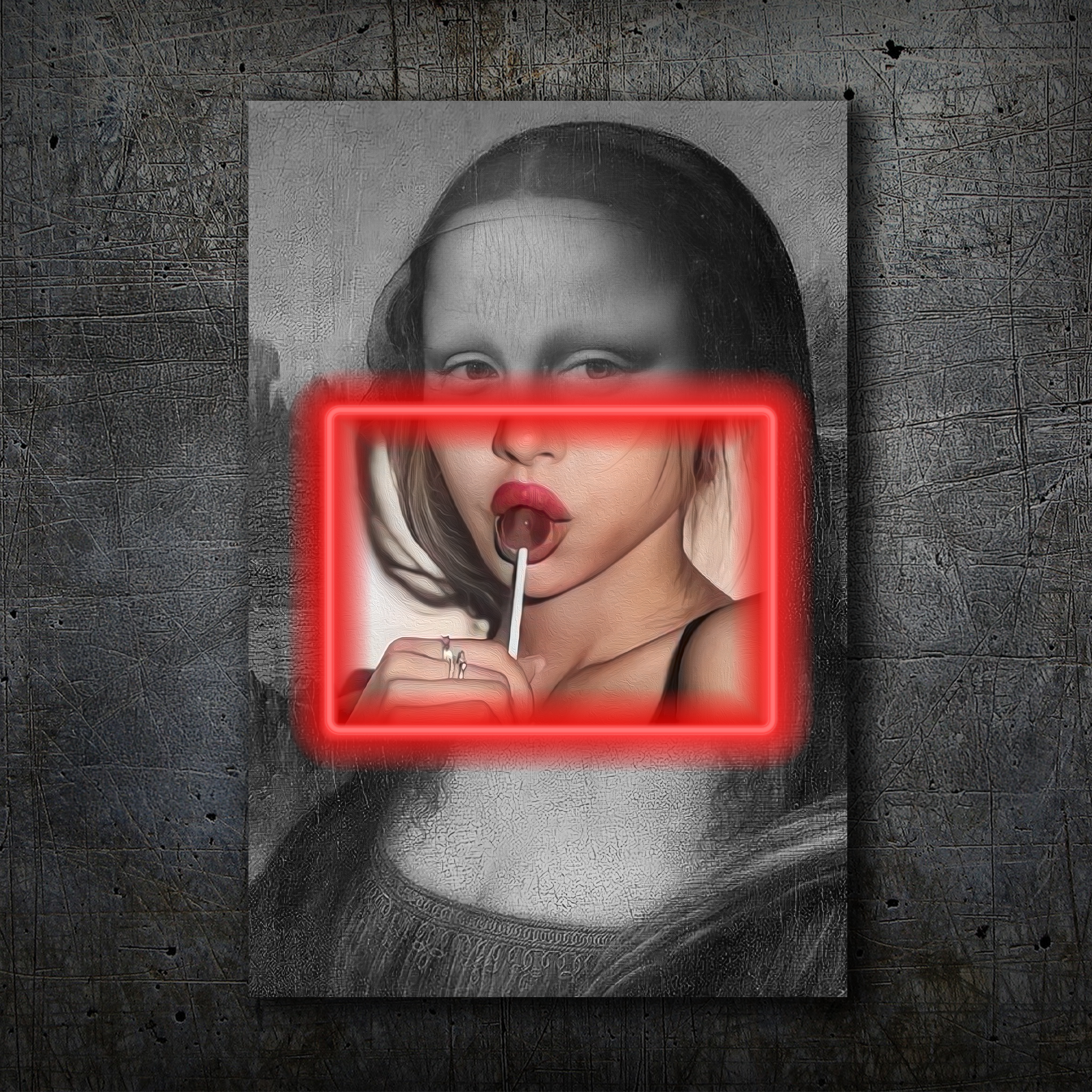 Mona Lisa Pop Art – Neon Pink Frame & Lollipop Wall Decor