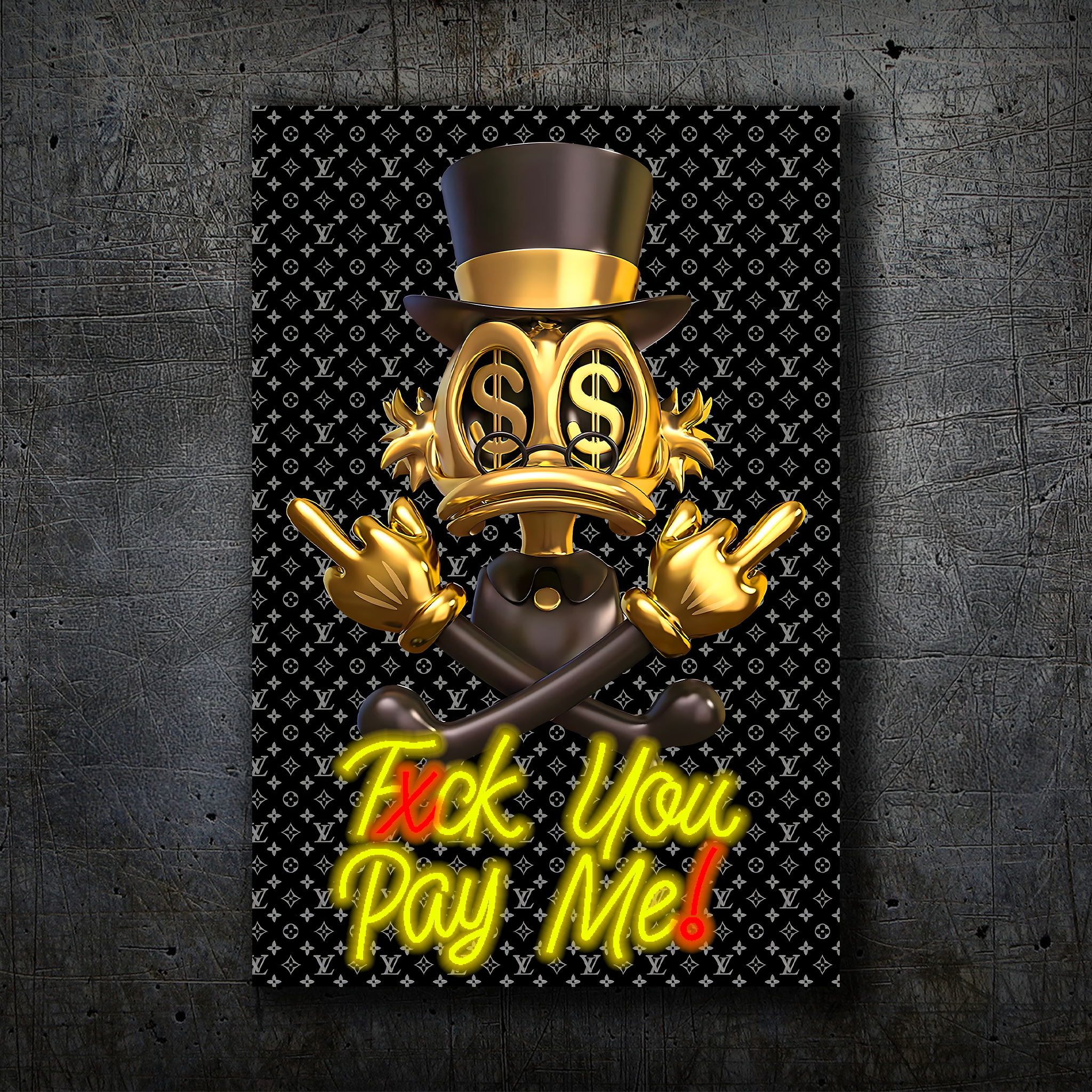 Donald Duck Scrooge – Gold Black Neon Wall Art “F* You Pay Me”