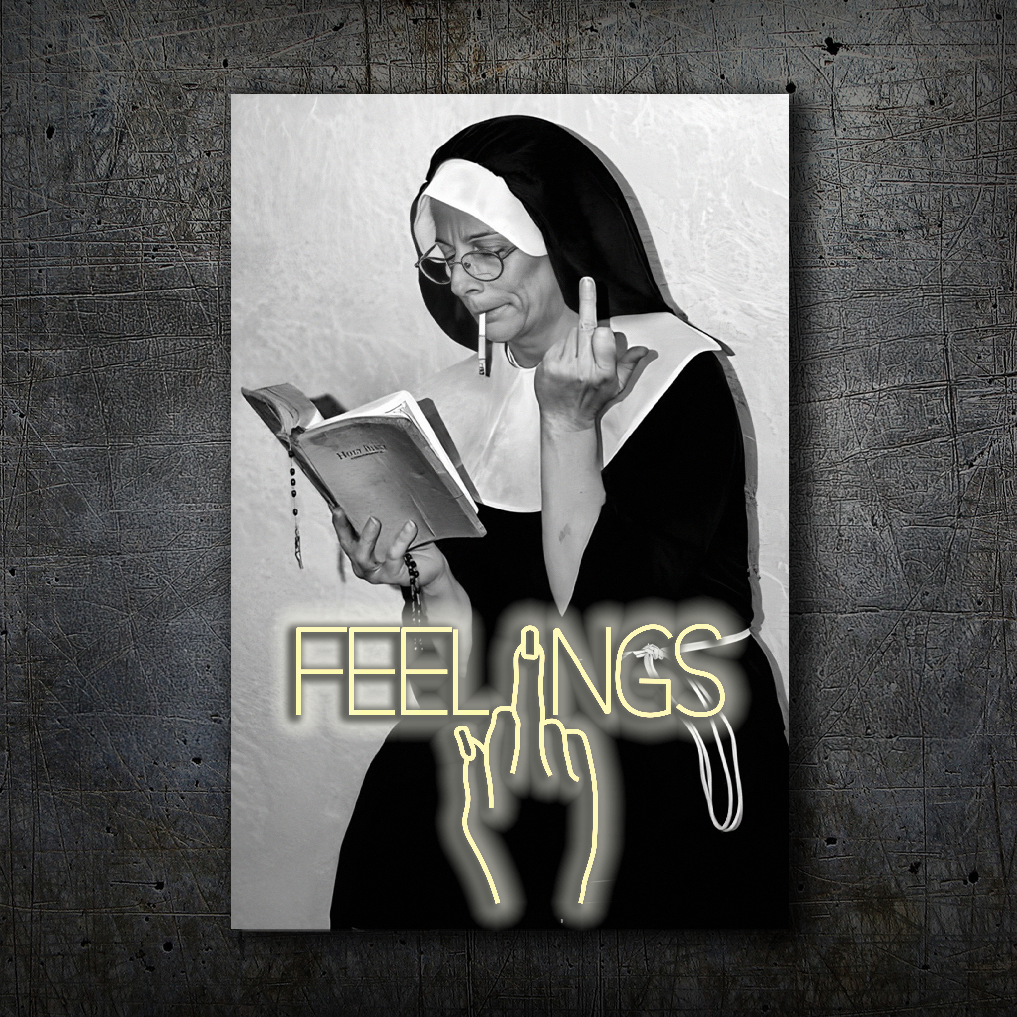 FEELINGS Neon Wall Art – Retro Black & White Design