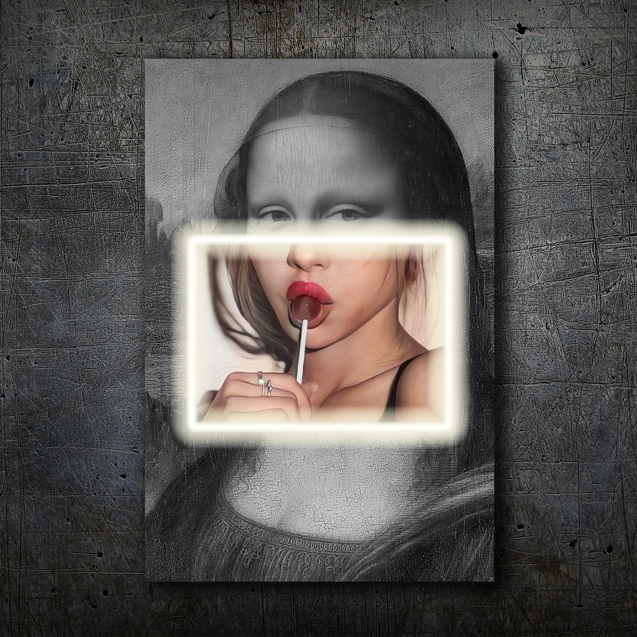 Mona Lisa Pop Art – Neon Pink Frame & Lollipop Wall Decor