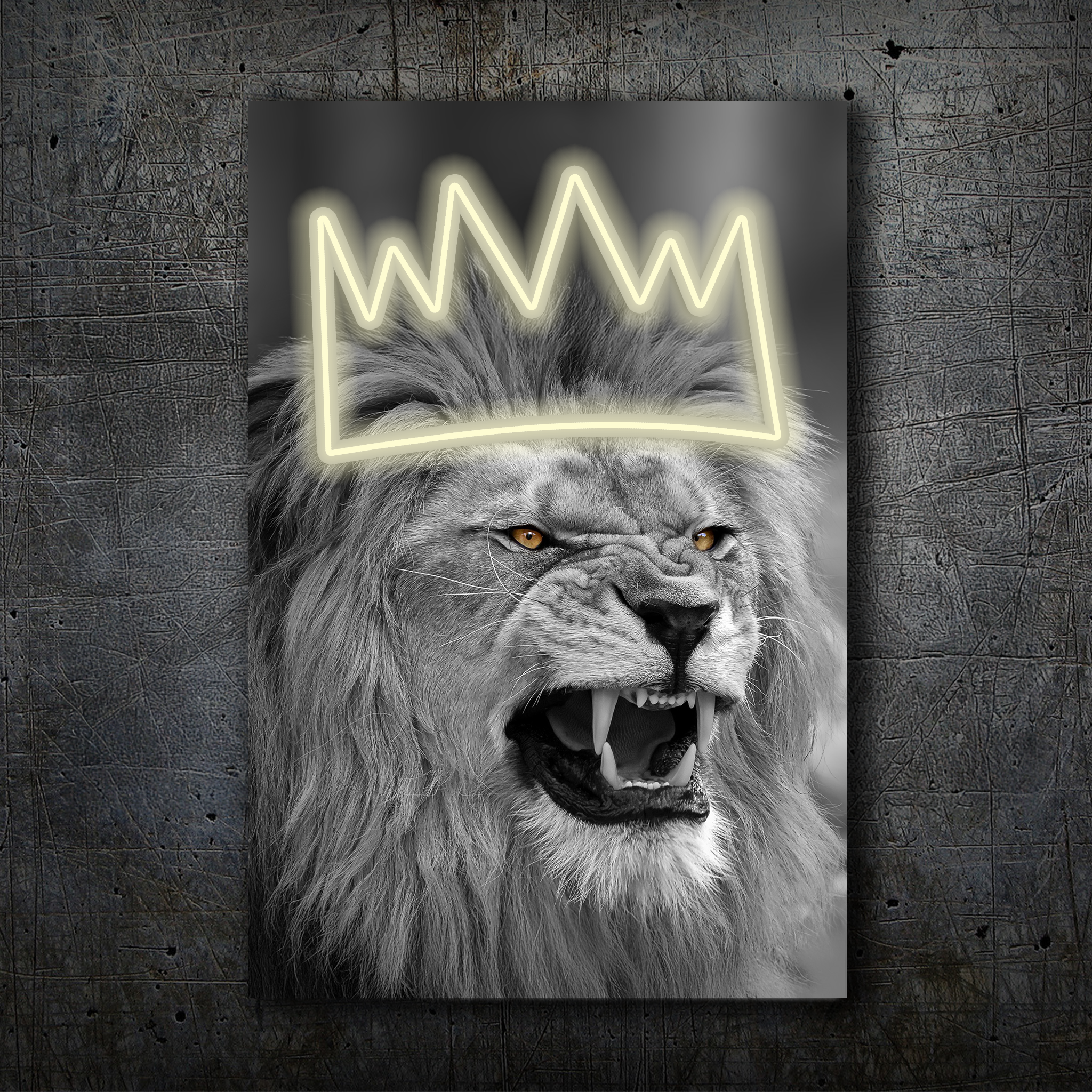 Lion Crown Neon Wall Art – Black & White Design