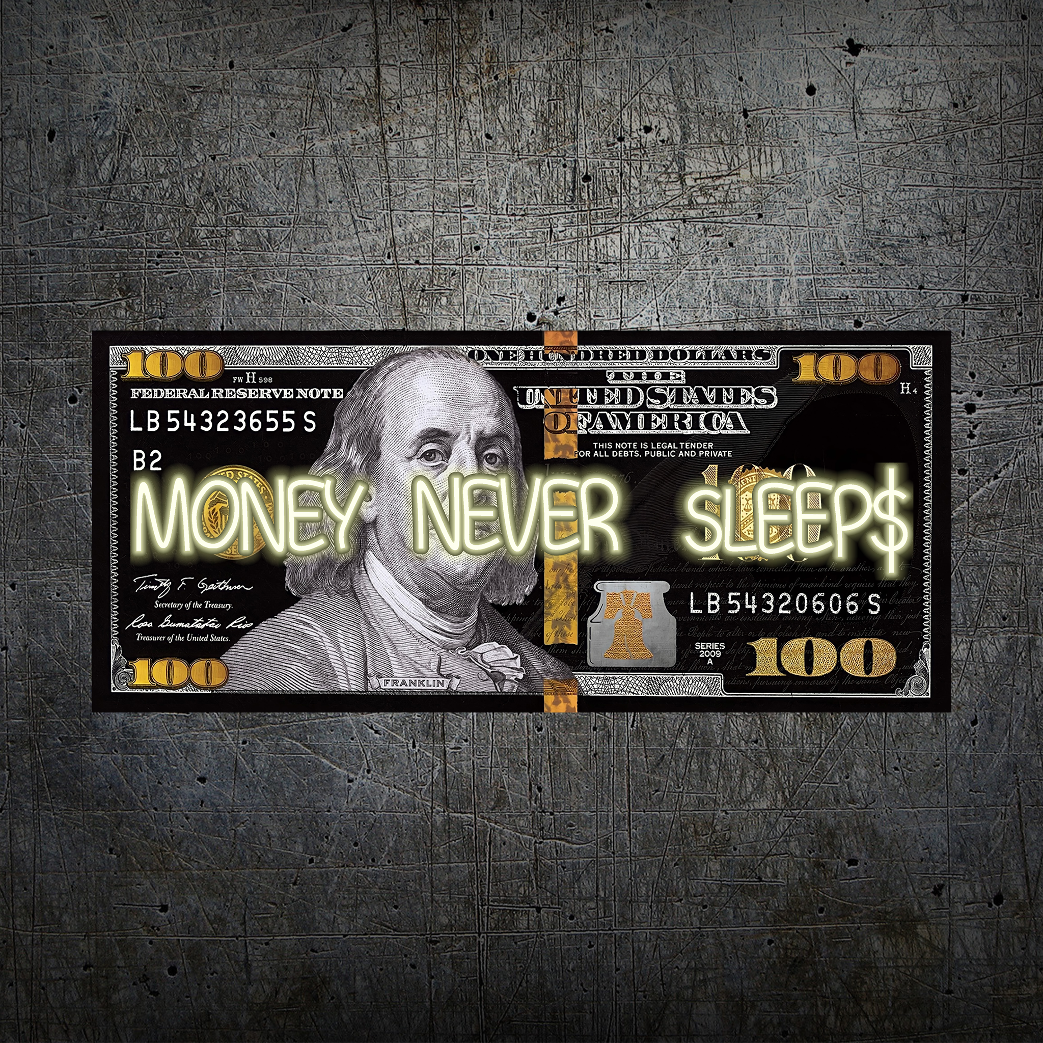 Black and Gold 100 Dollar- Money Never Sleeps Neon Light- Wall Art Decor