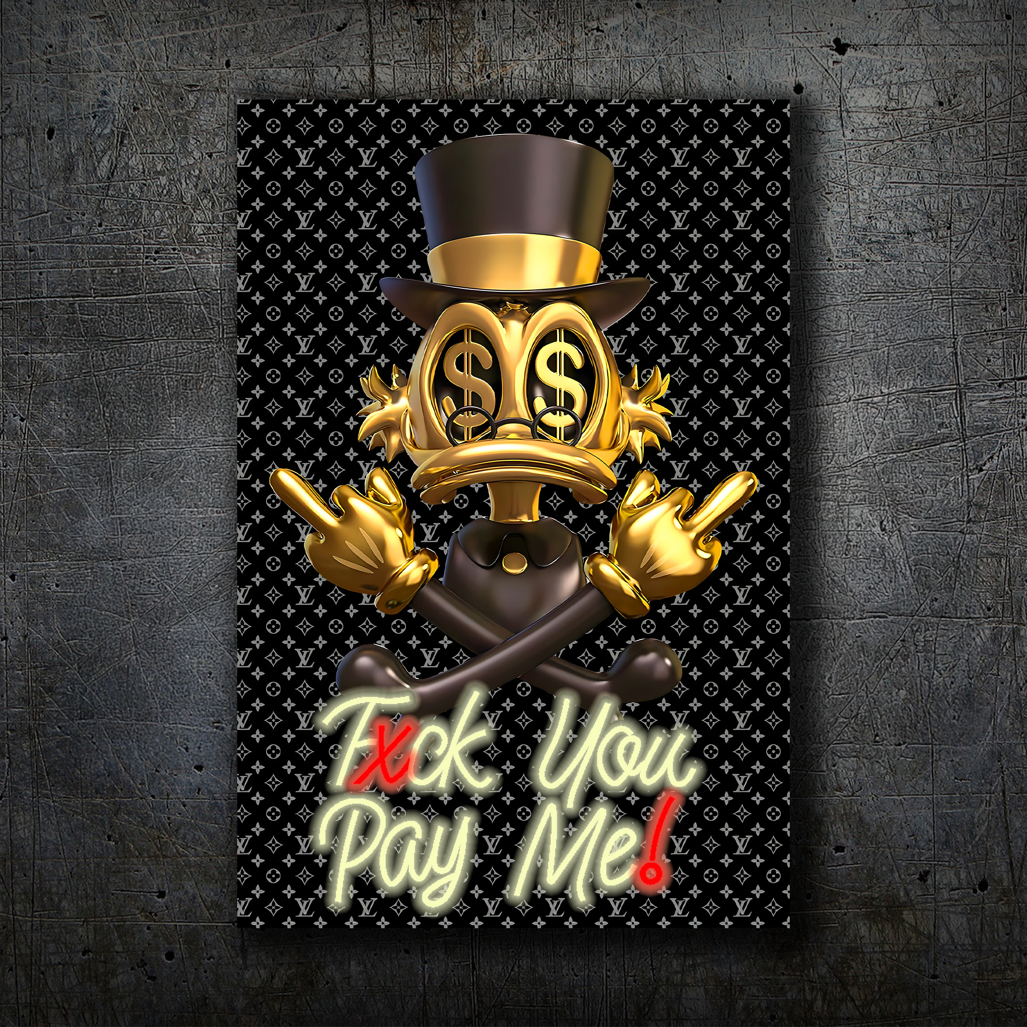 Donald Duck Scrooge – Gold Black Neon Wall Art “F* You Pay Me”