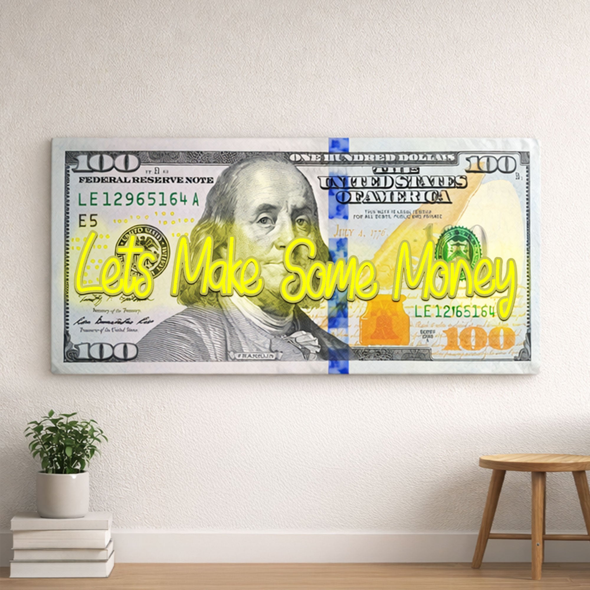 100 Dollar Bill Neon Wall Art – “Let’s Make Some Money” Motivational Decor