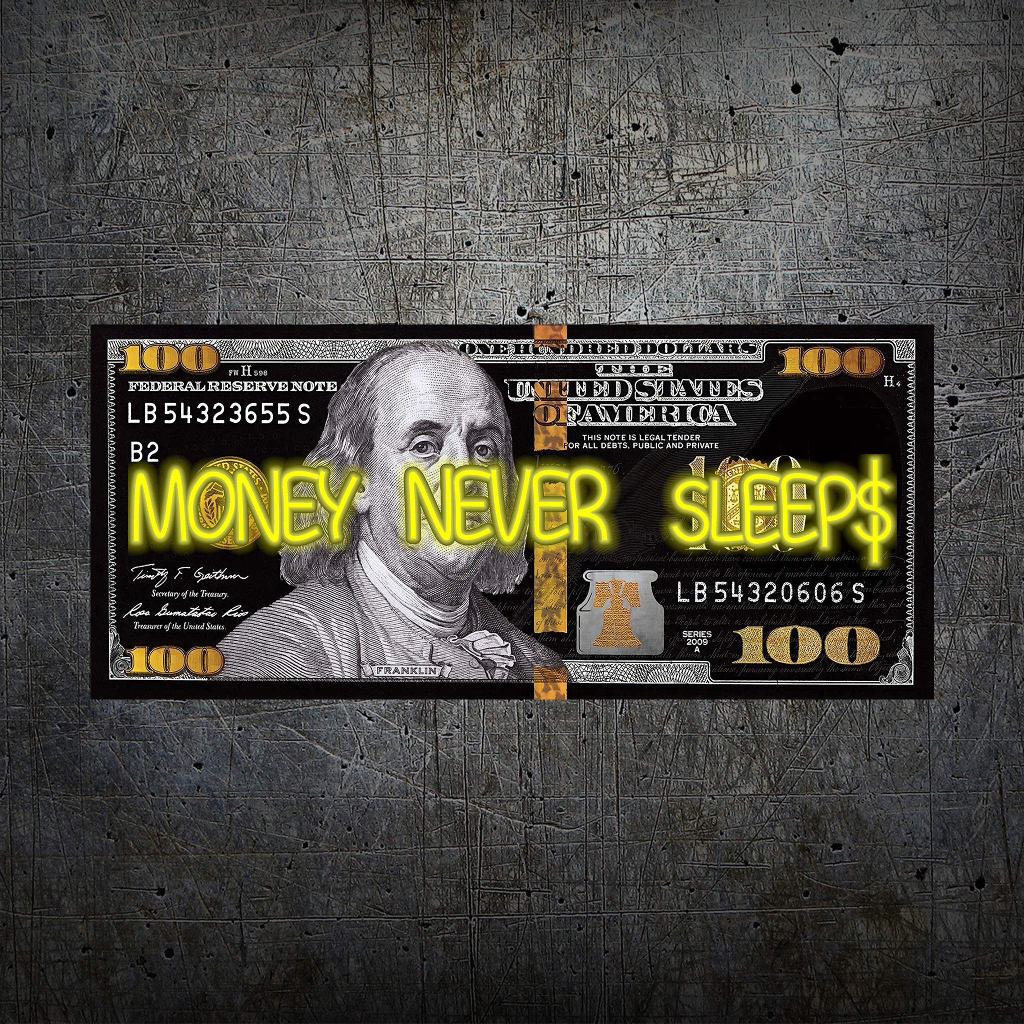 Black and Gold 100 Dollar- Money Never Sleeps Neon Light- Wall Art Decor