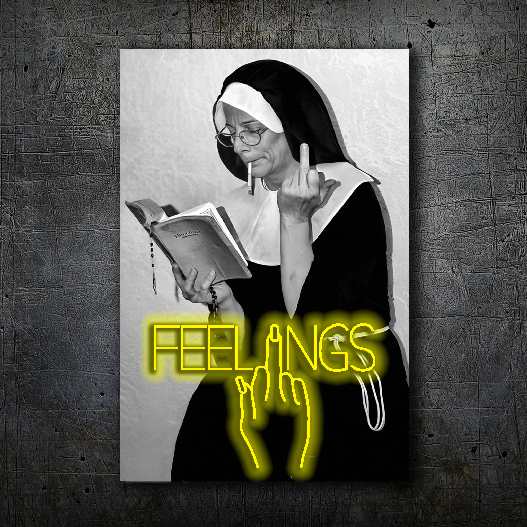 FEELINGS Neon Wall Art – Retro Black & White Design